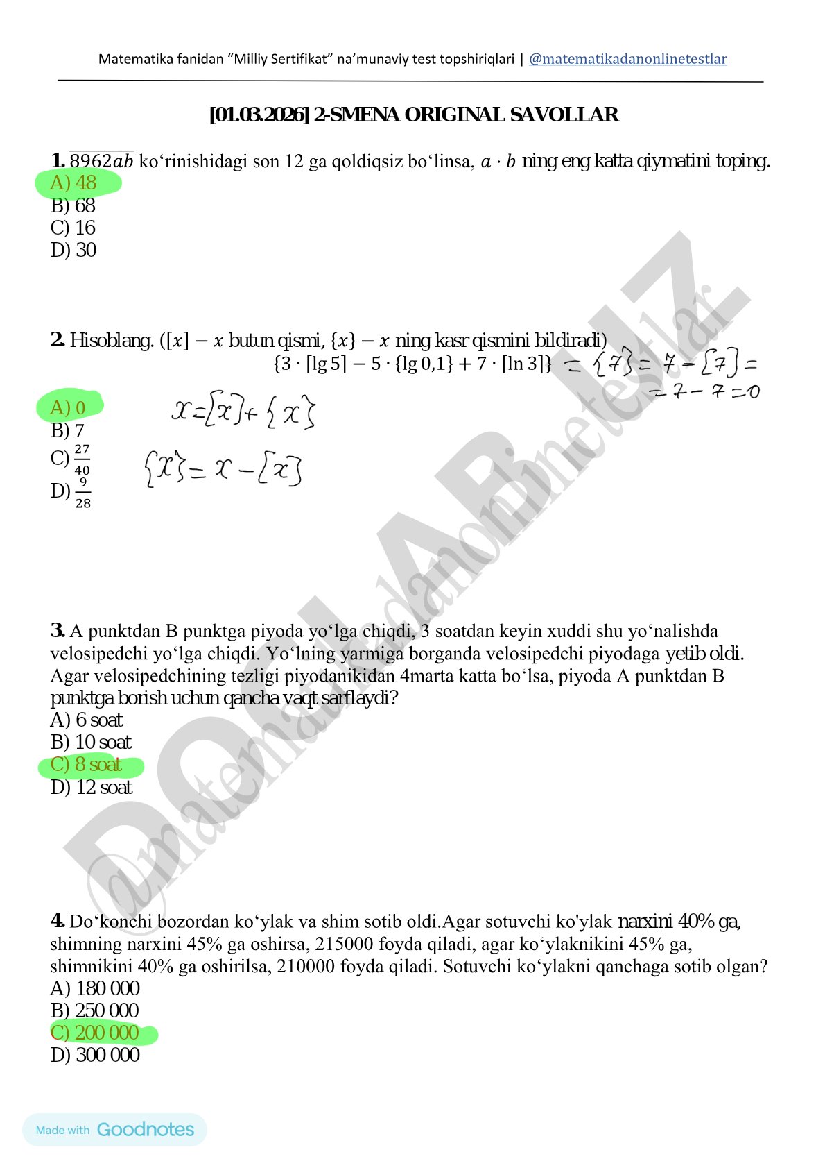 Matematika fanidan Milliy Sertifikat namunaviy test topshiriqlari