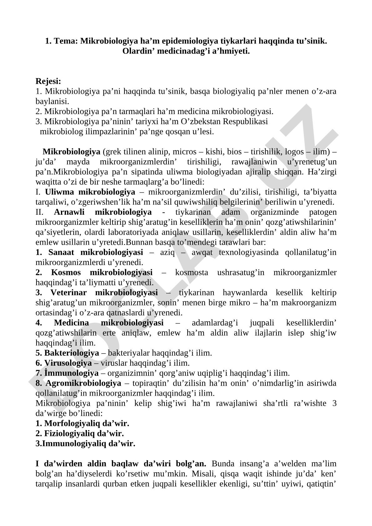 Mikrobiologiya ha’m epidemiologiya tiykarlari haqqinda tu’sinik. Olardin’ medicinadag’i a’hmiyeti.