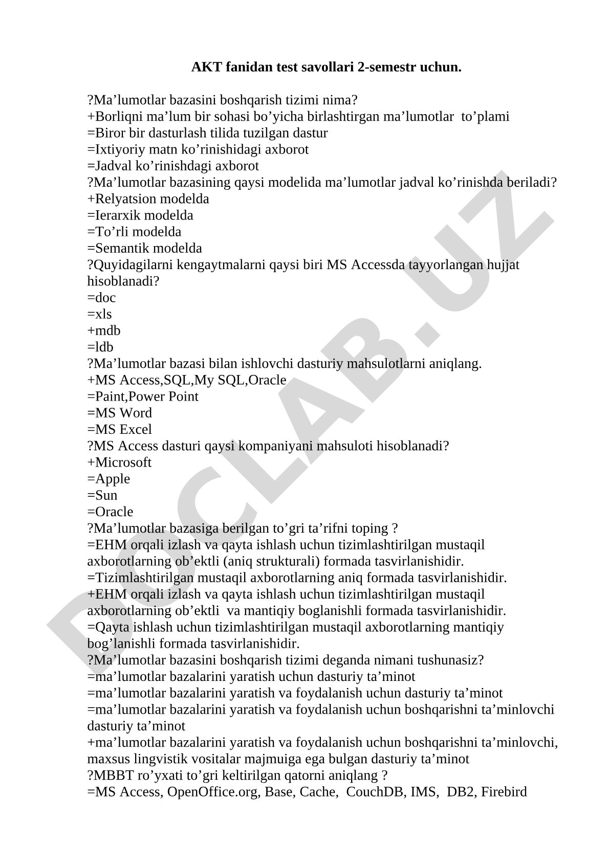 Ma'lumotlar bazasi bo'yicha AKT test savollari