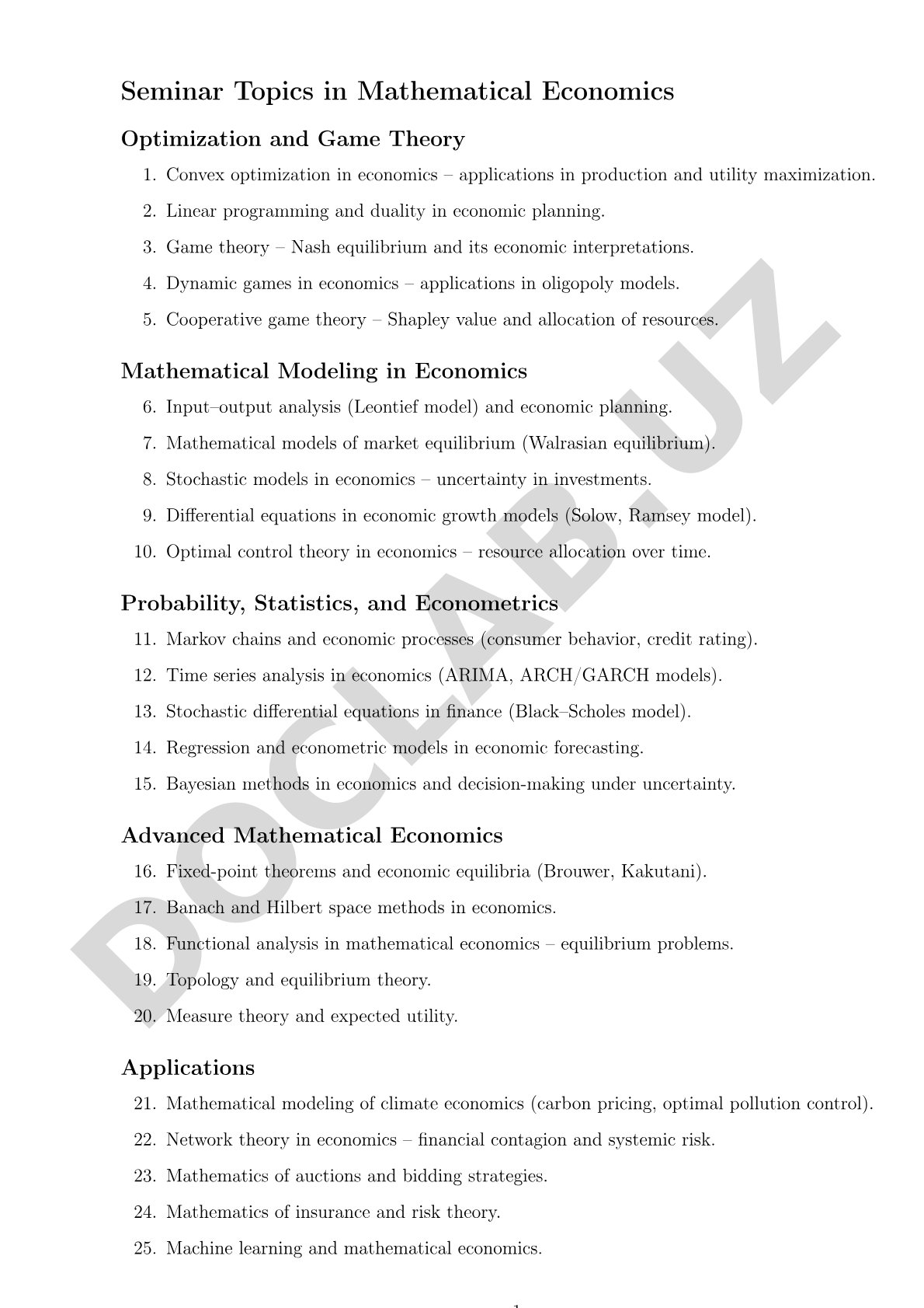 Seminar Topics in Mathematical Economics Optimization and Game Theory