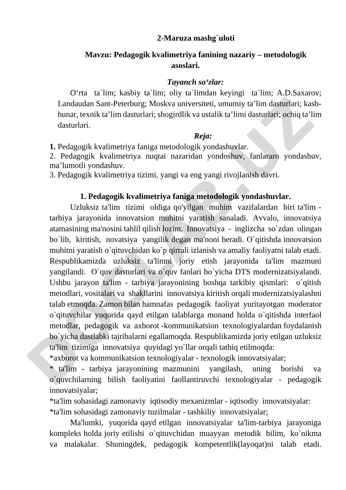 Pedagogik kvalimetriya fanining nazariy – metodologik asoslari