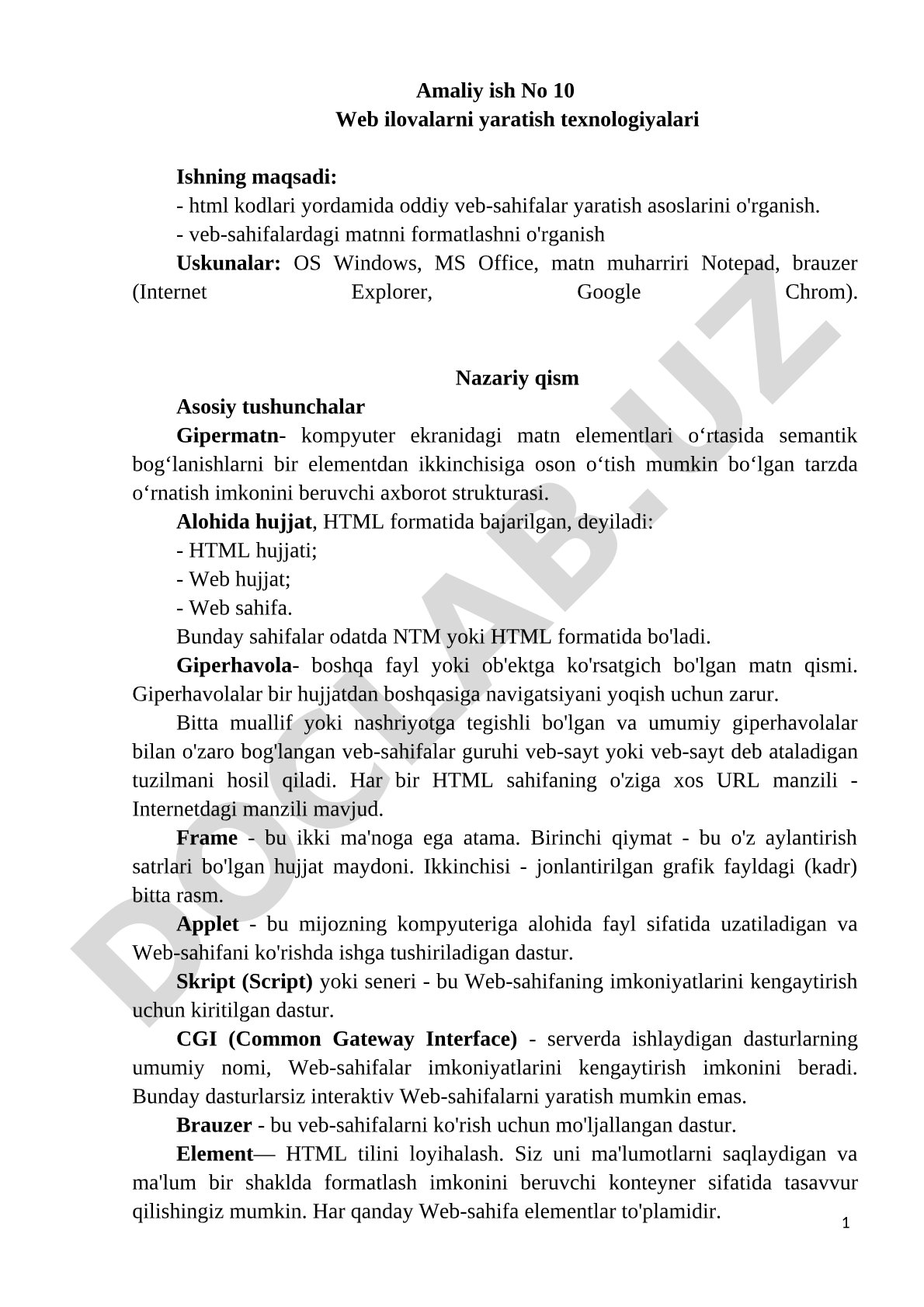 Amaliy ish No 10 Web ilovalarni yaratish texnologiyalari Ishning maqsadi: - html kodlari yordamida