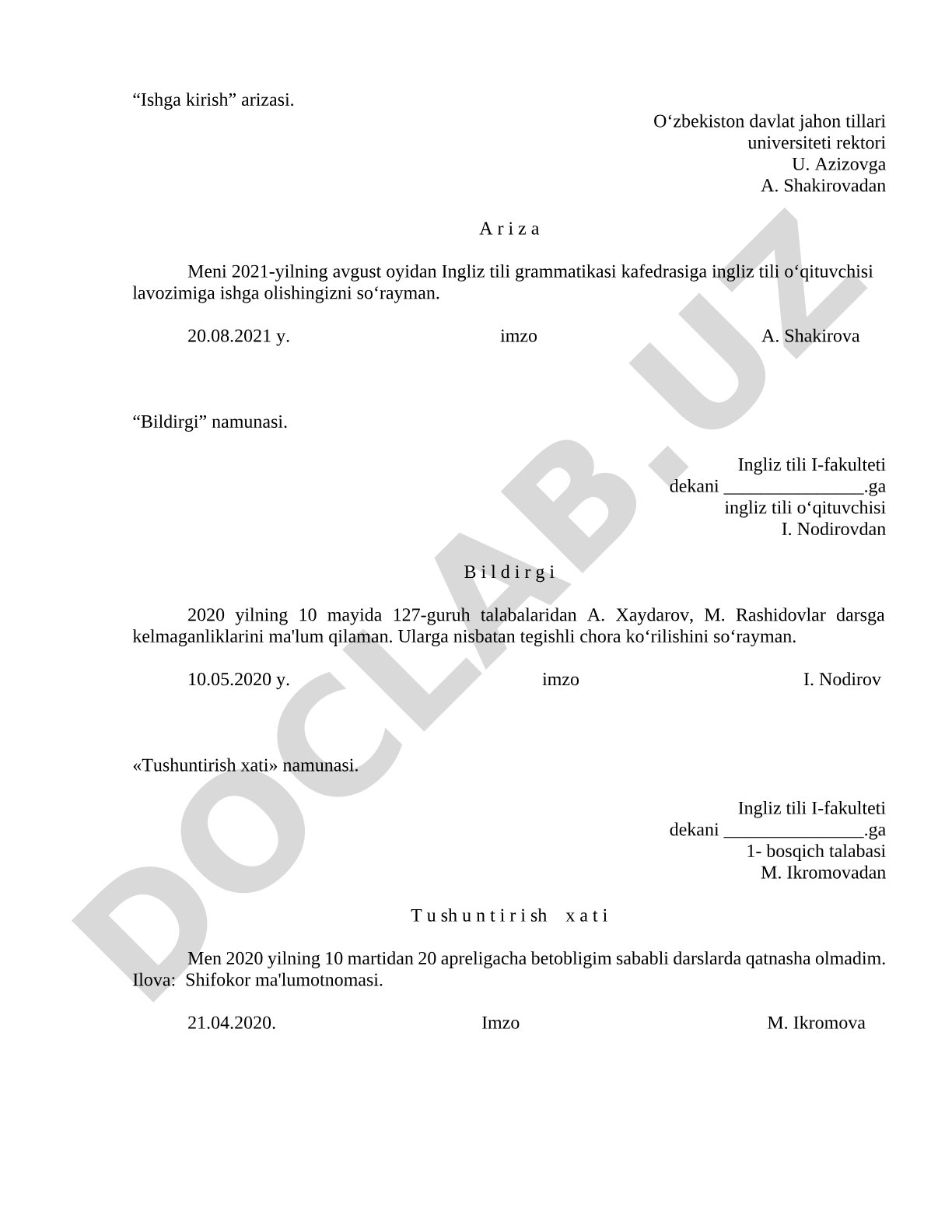 Ariza, bildirgi, tushuntirish xati va tarjimayi hol namunalari