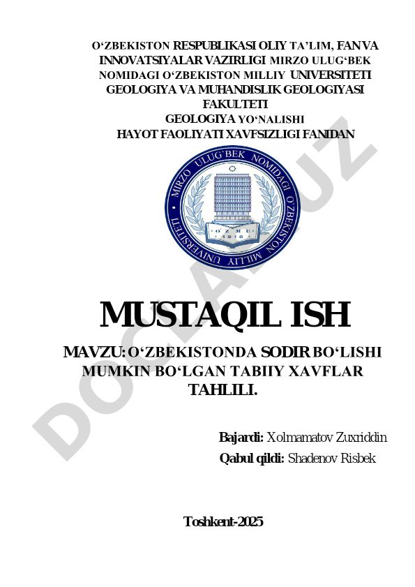 O‘zbekistonda sodir bo‘lishi mumkin bo‘lgan tabiiy xavflar tahlili