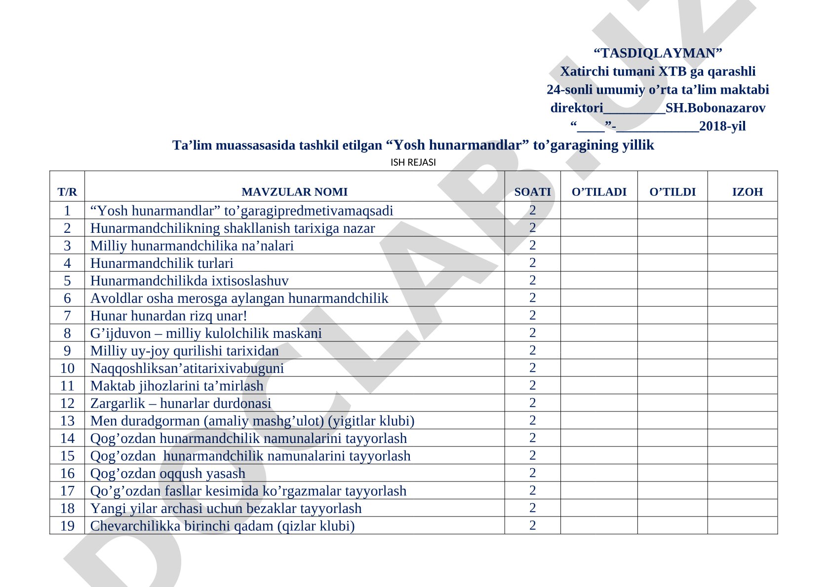 Yosh hunarmandlar to'garagining yillik ish rejasi
