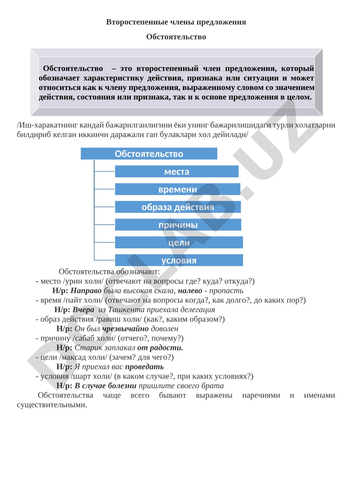 Второстепенные члены предложения: Обстоятельство