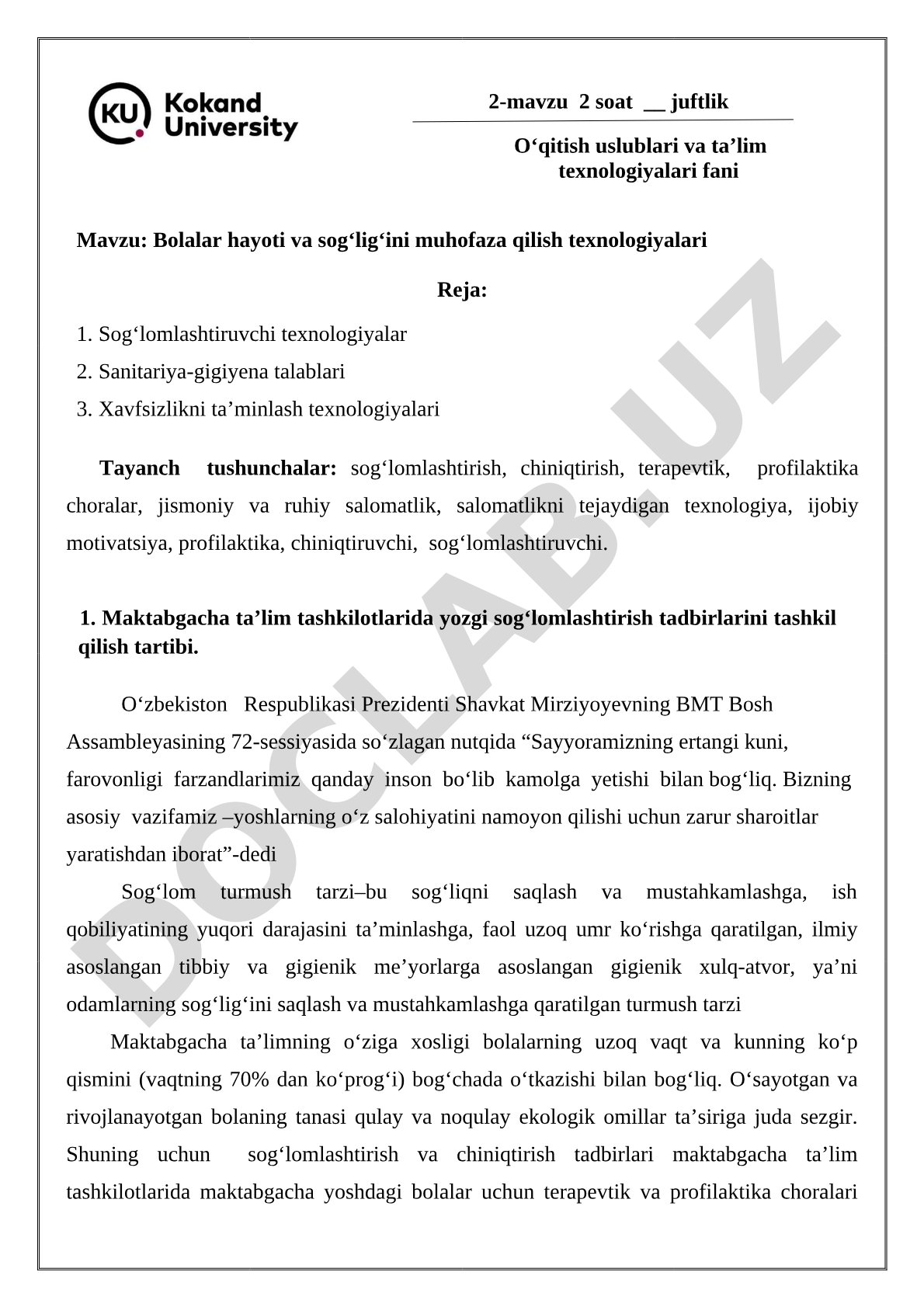 Bolalar hayoti va sog‘lig‘ini muhofaza qilish texnologiyalari