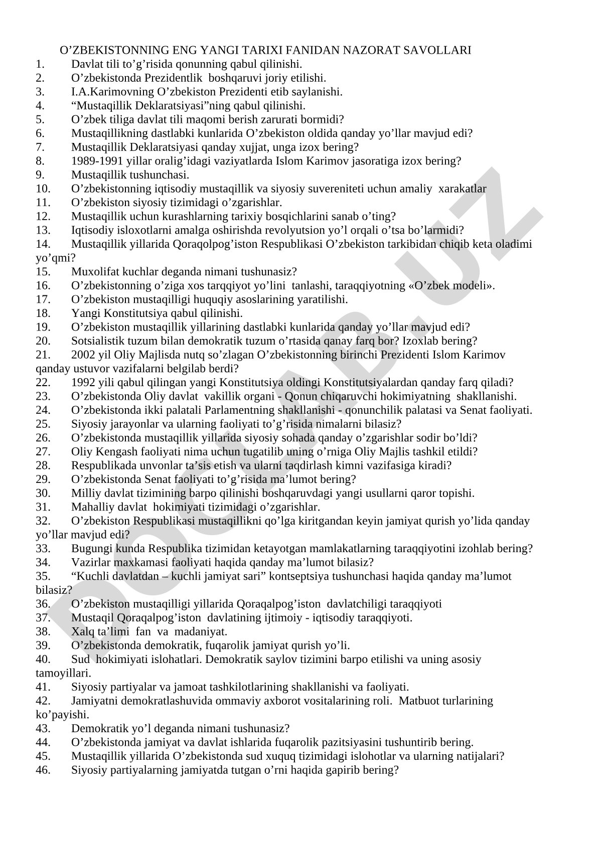 O'zbekistonning eng yangi tarixi fanidan nazorat savollari
