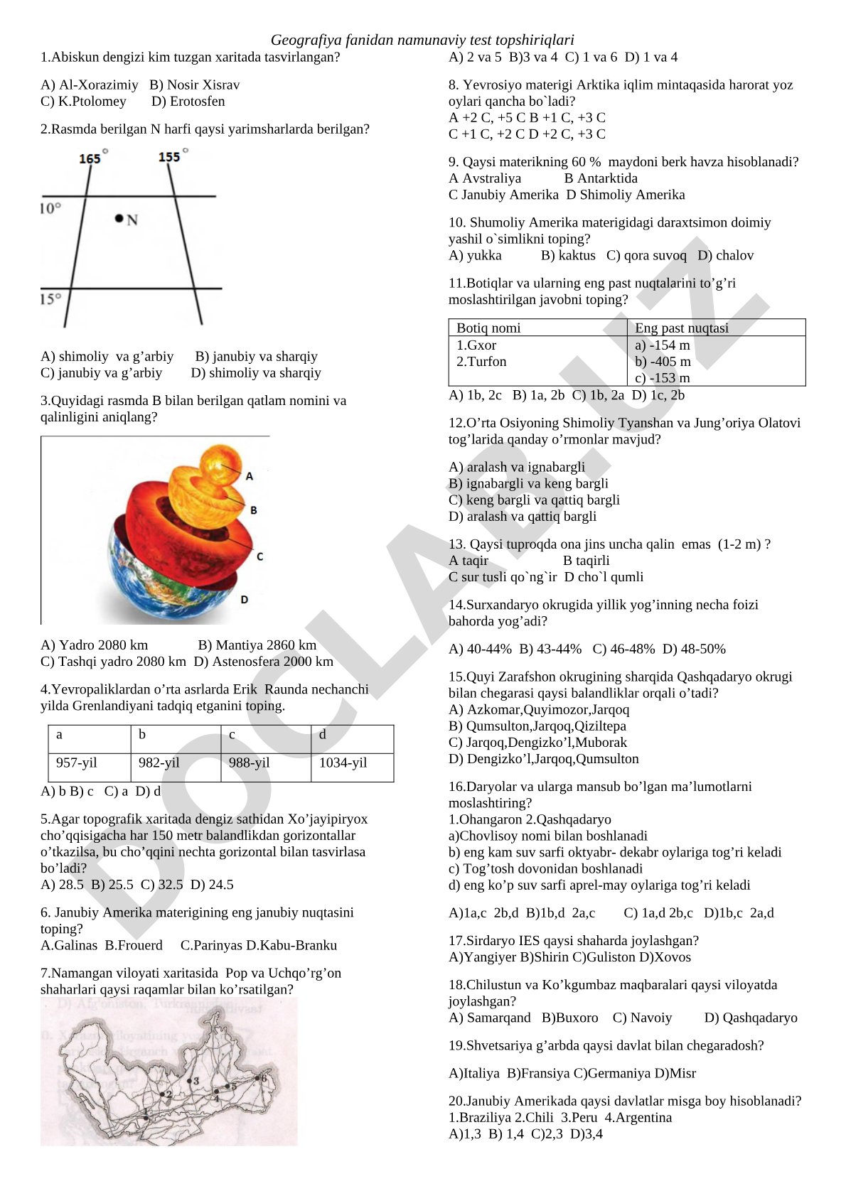 Geografiya test savollari to'plami