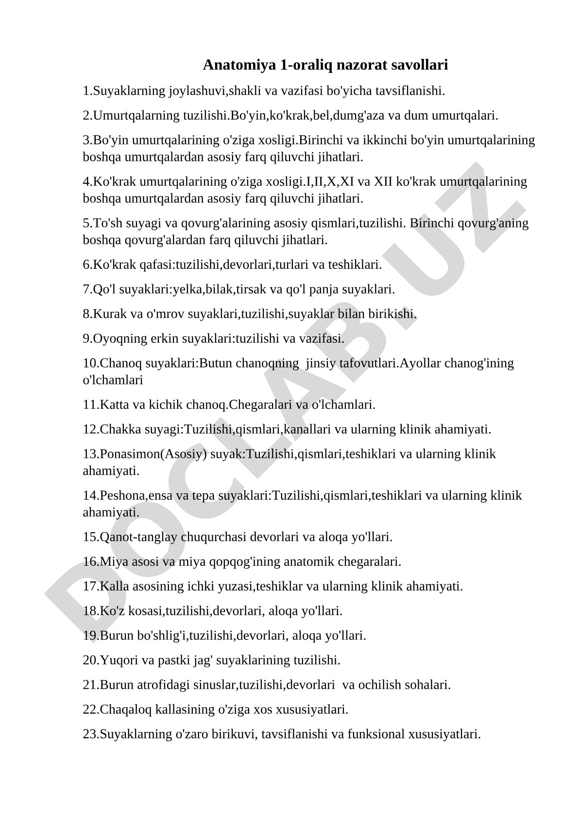 Anatomiya 1-oraliq nazorat savollari