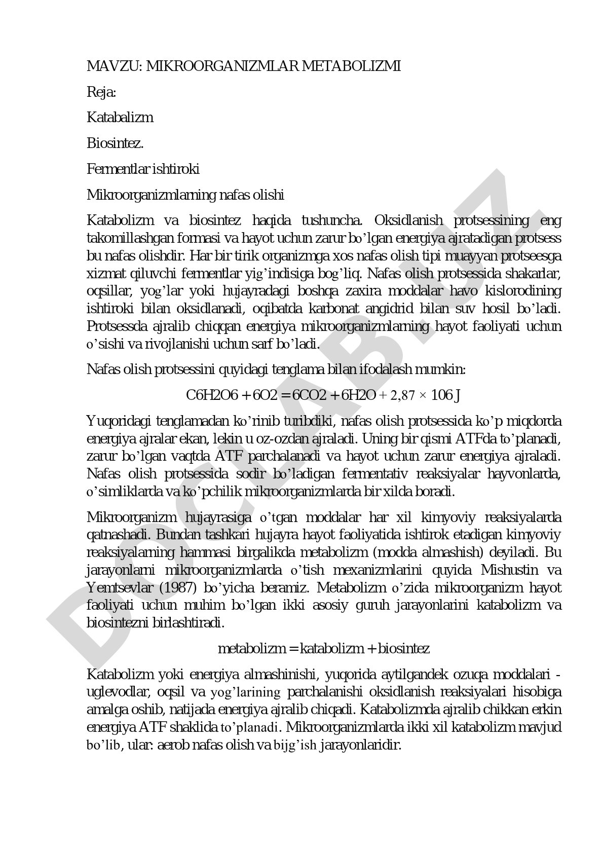 Mikroorganizmlar metabolizmi, katabolizm, biosintez va nafas olish jarayonlari haqida