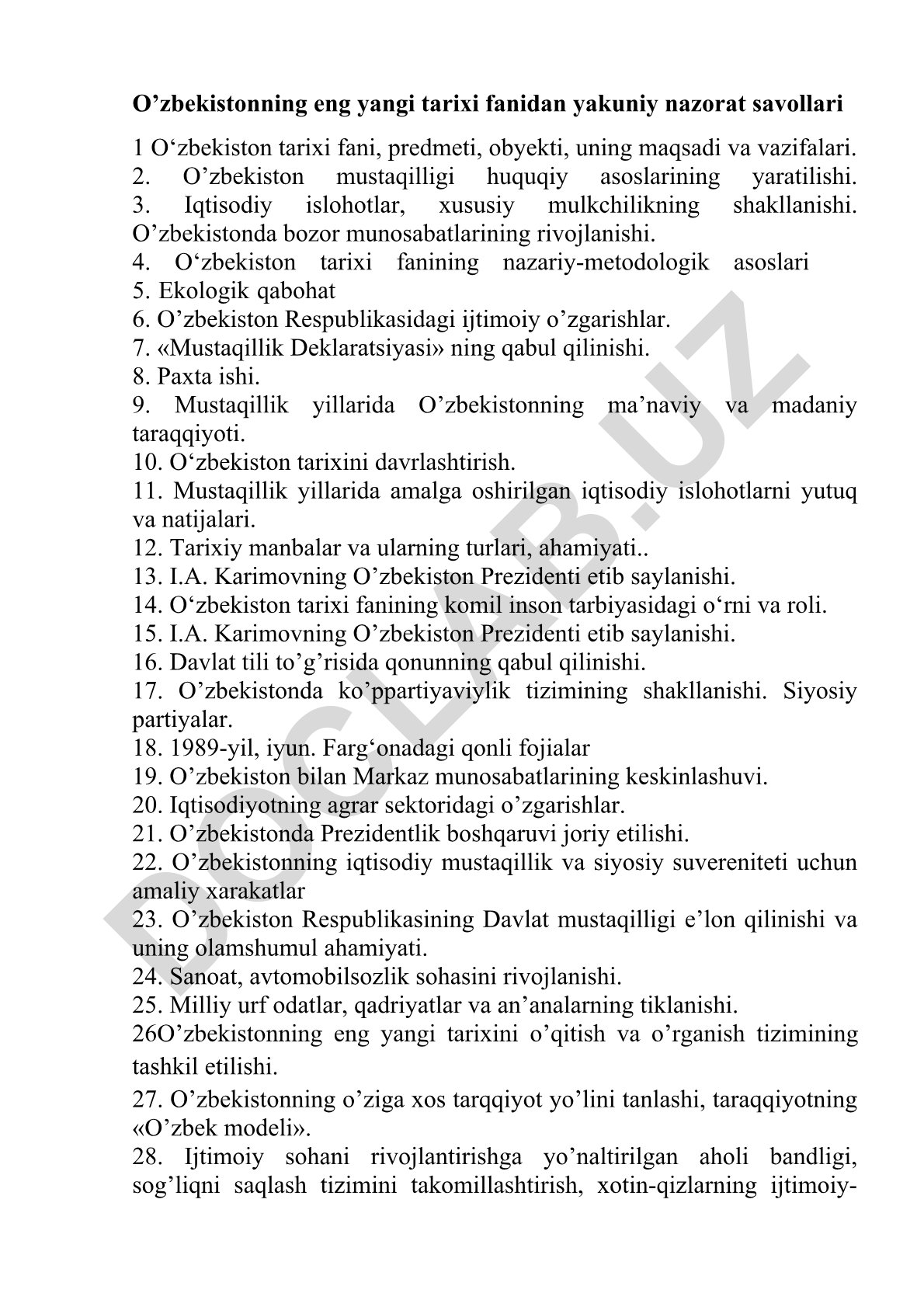 O‘zbekiston tarixi fanidan yakuniy nazorat savollari
