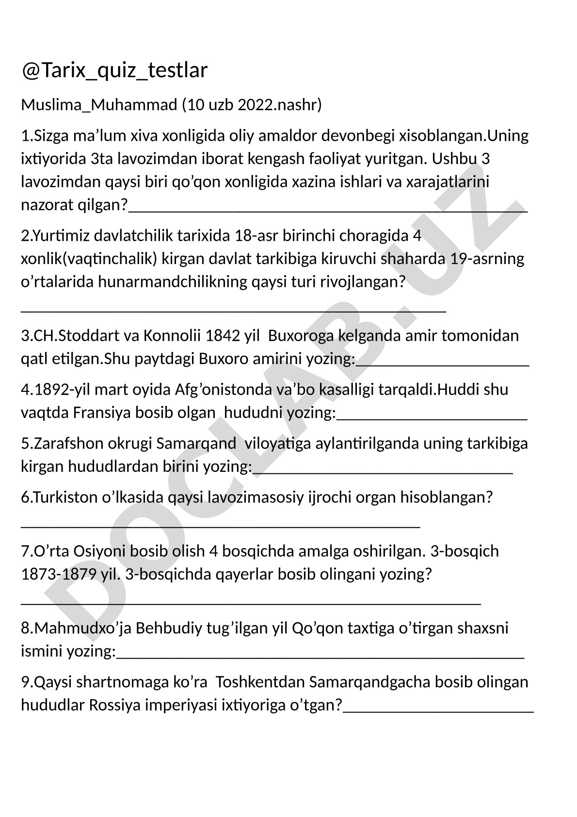 O'rta Osiyo tarixi bo'yicha test savollari