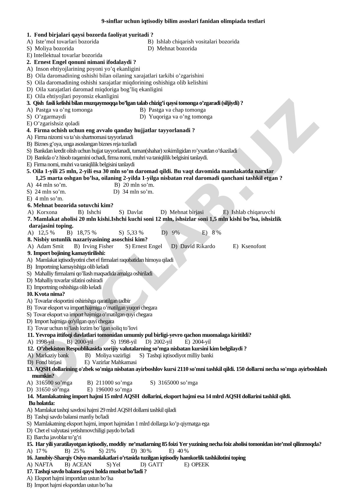9-sinflar uchun iqtisodiy bilim asoslari fanidan olimpiada testlari