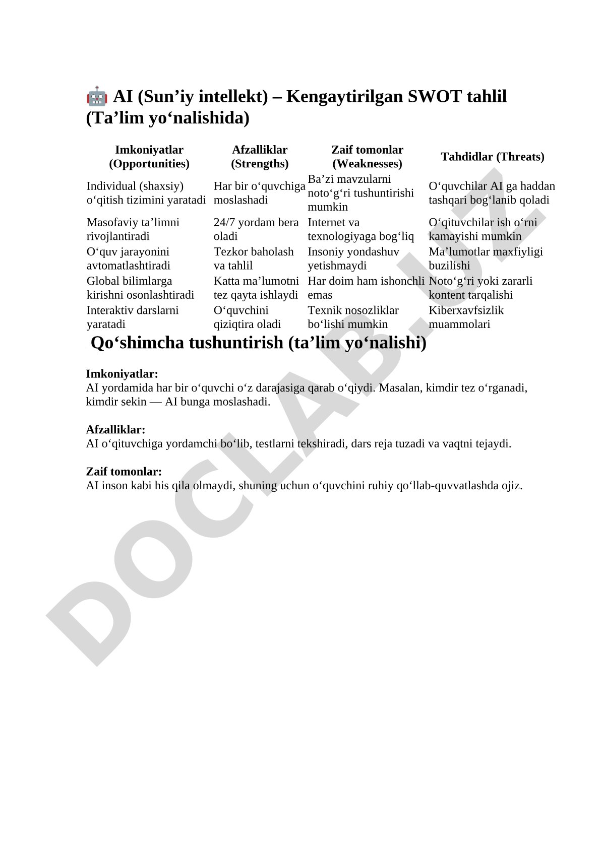 AI (Sun’iy intellekt) – Kengaytirilgan SWOT tahlil (Ta’lim yo‘nalishida)