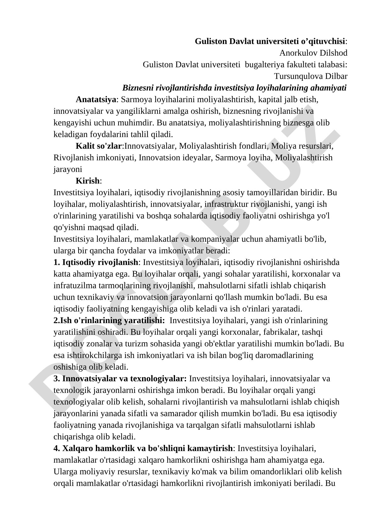 Biznesni rivojlantirishda investitsiya loyihalarining ahamiyati
