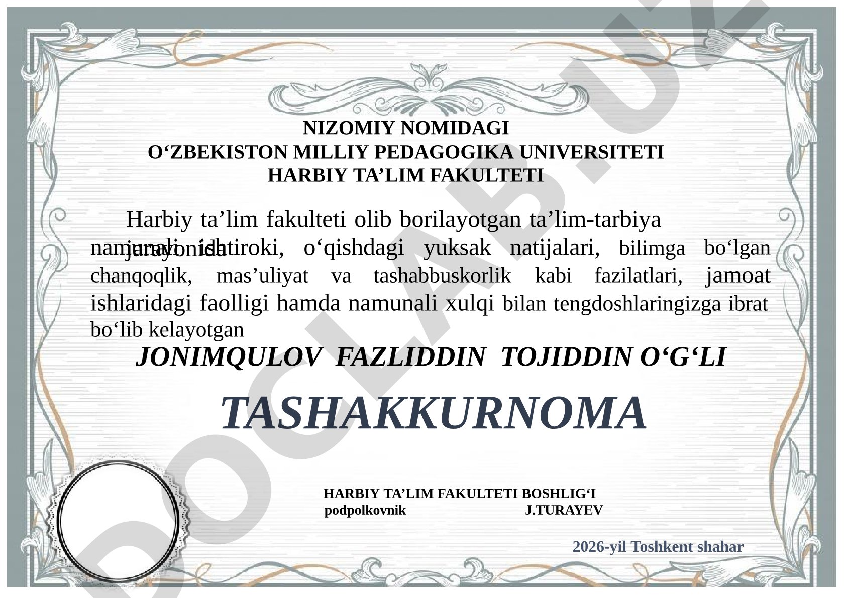 Jonimqulov Fazliddin Tojiddin o'g'liga tashakkurnoma