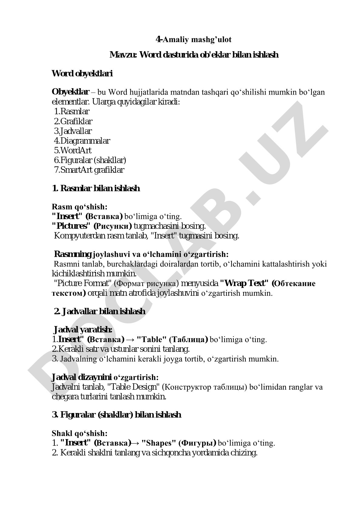 Word dasturida ob'eklar bilan ishlash