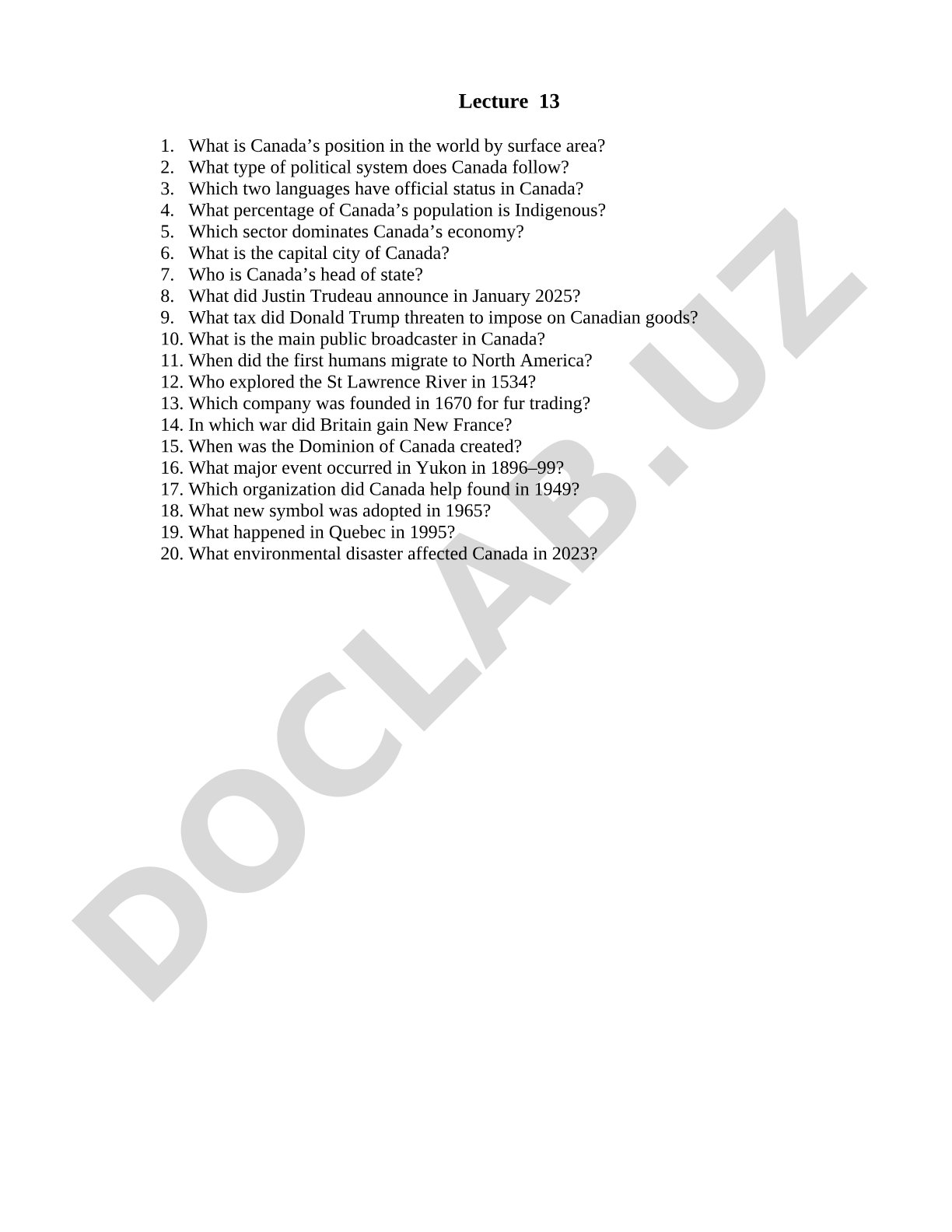 Canada general knowledge questions