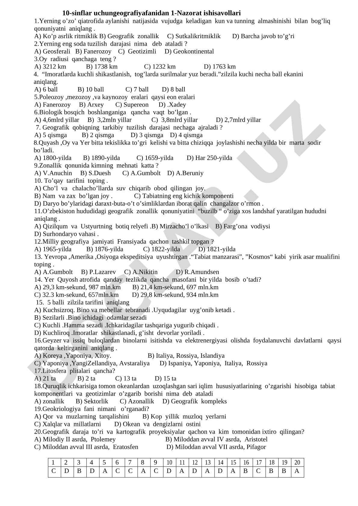 Geografiyadan 10-sinflar uchun 1-nazorat ishi savollari