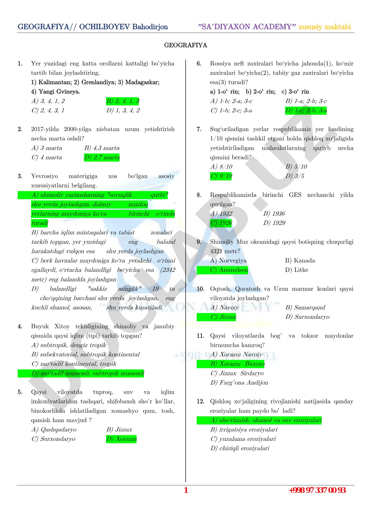 Geografiya test savollari
