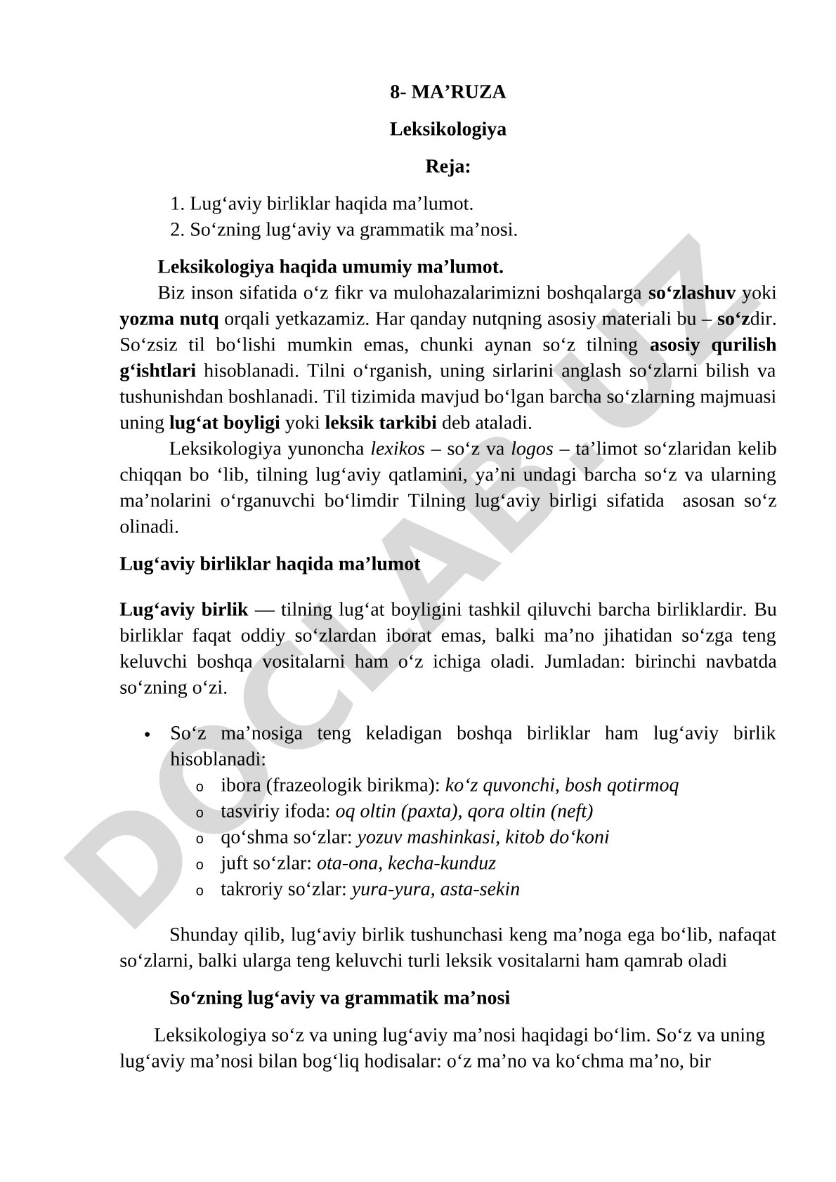 Leksikologiya fani, so'z va uning ma'nosi, lug'aviy birliklar haqida ma'ruza