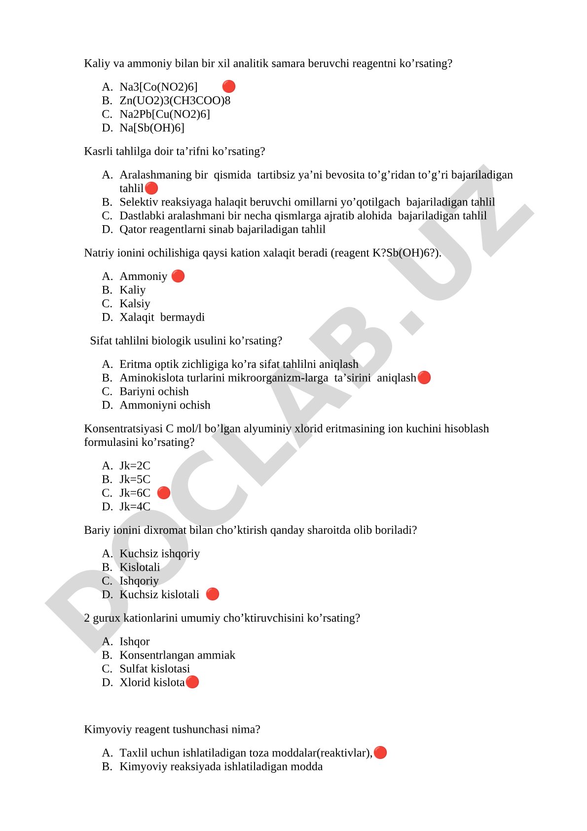 Analitik kimyodan sifat tahlili test savollari