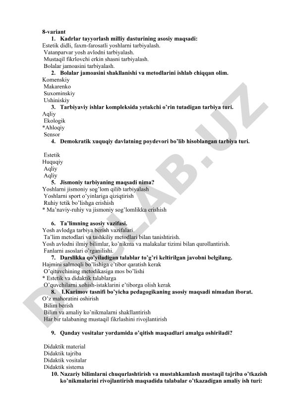 Pedagogika fanidan test savollari va javoblari