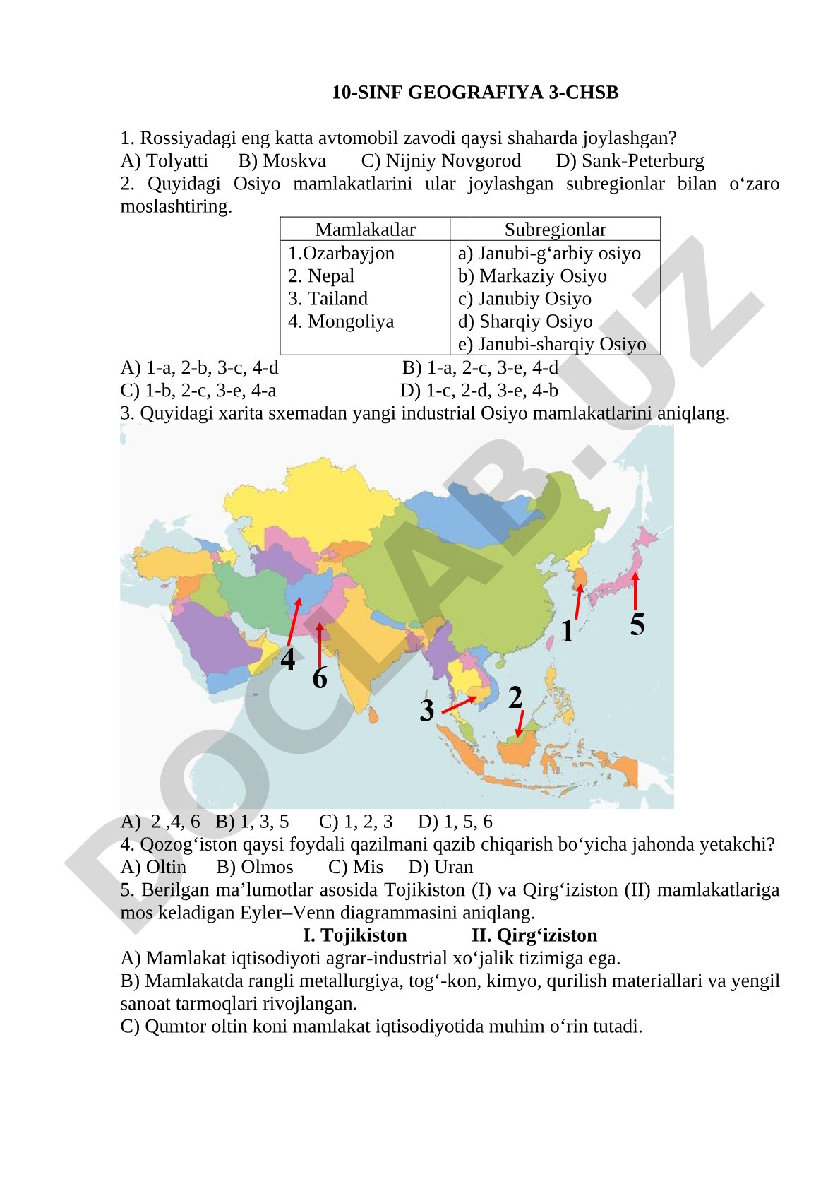 10-sinf geografiya 3-chorak sinov ishi