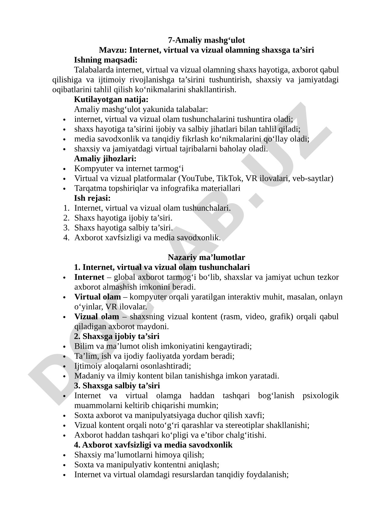 Internet, virtual va vizual olamning shaxsga ta'siri