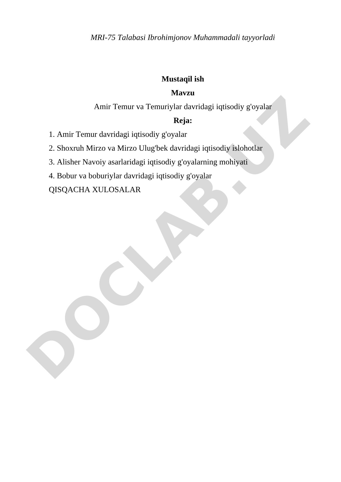 Amir Temur va Temuriylar davridagi iqtisodiy g'oyalar