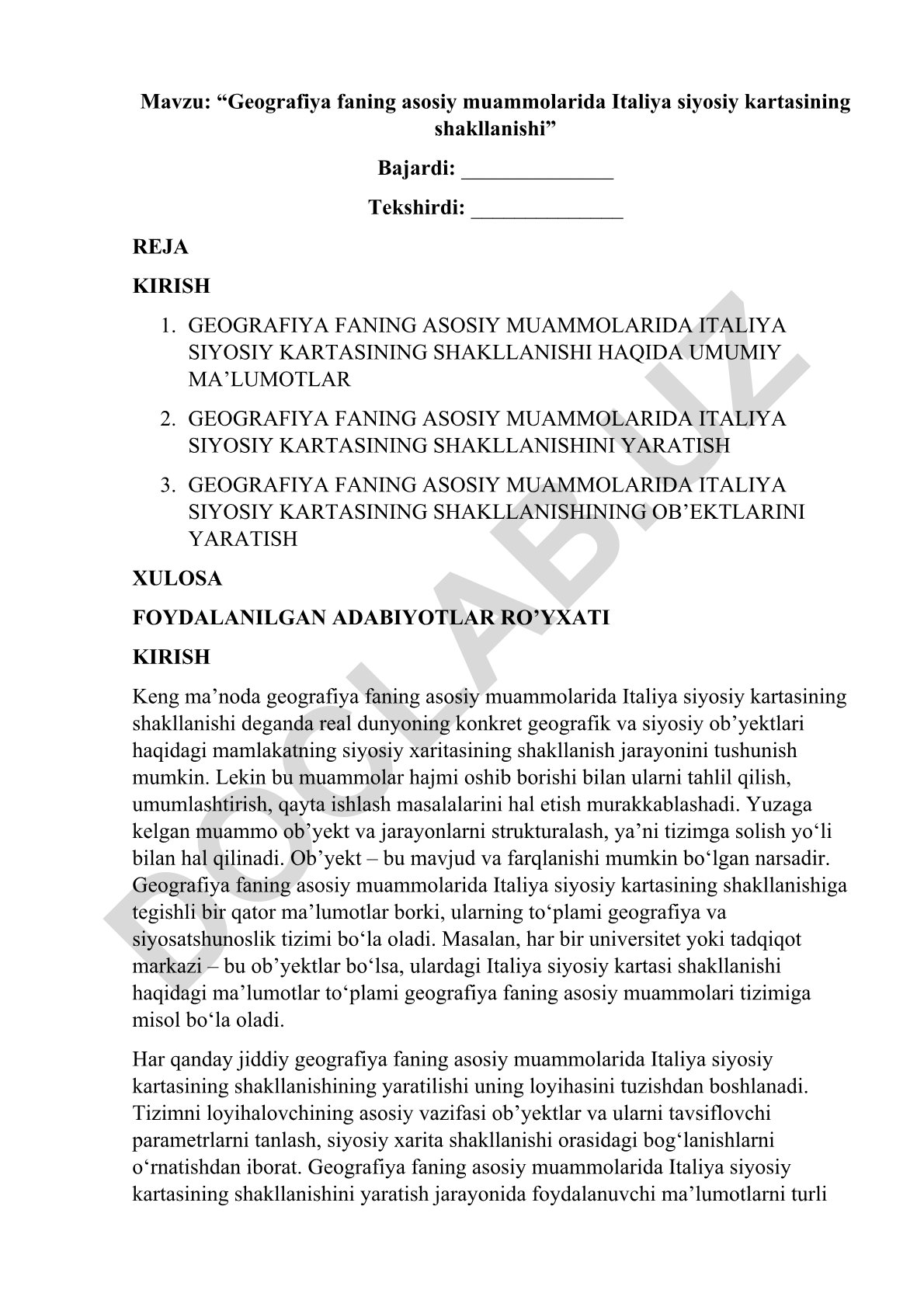Geografiya faning asosiy muammolarida Italiya siyosiy kartasining shakllanishi