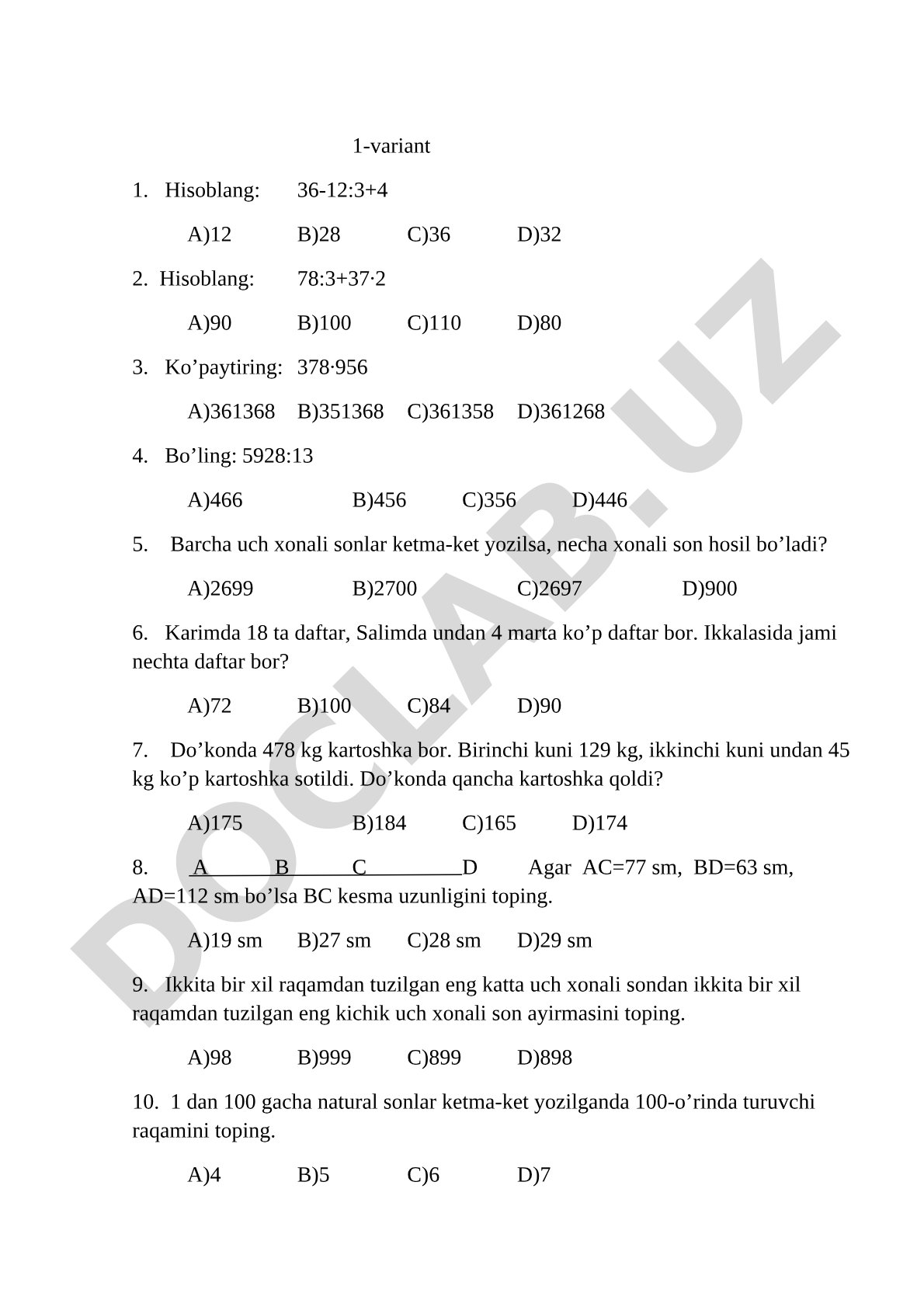 Matematika bo'yicha test savollari to'plami