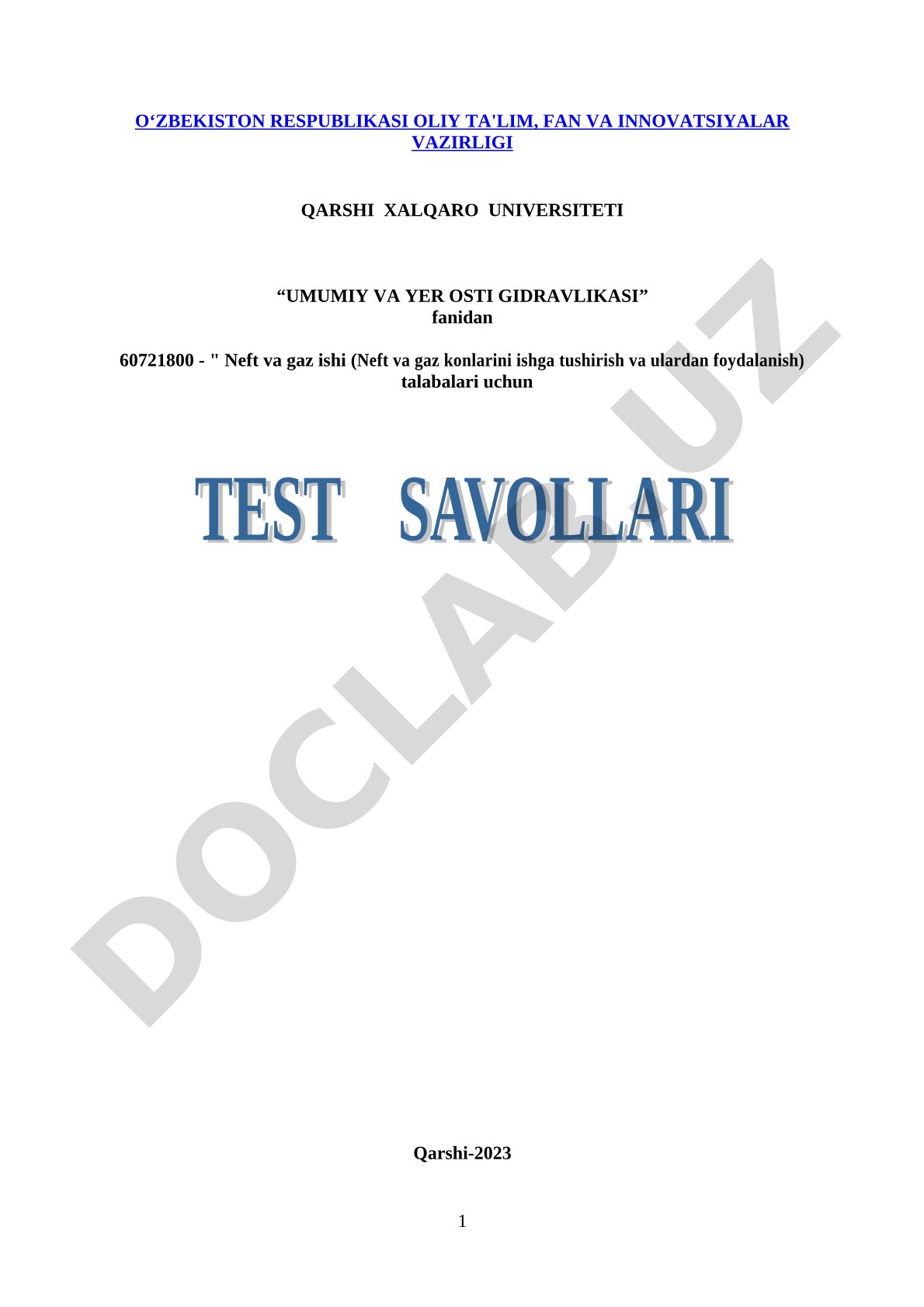 Umumiy va yer osti gidravlikasi fanidan test savollari