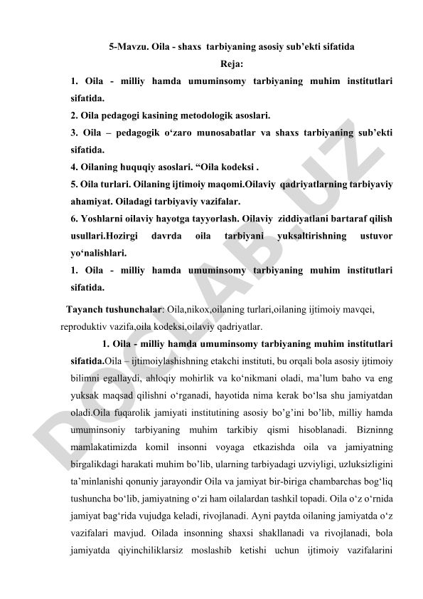 Oila - shaxs tarbiyaning asosiy sub'ekti sifatida