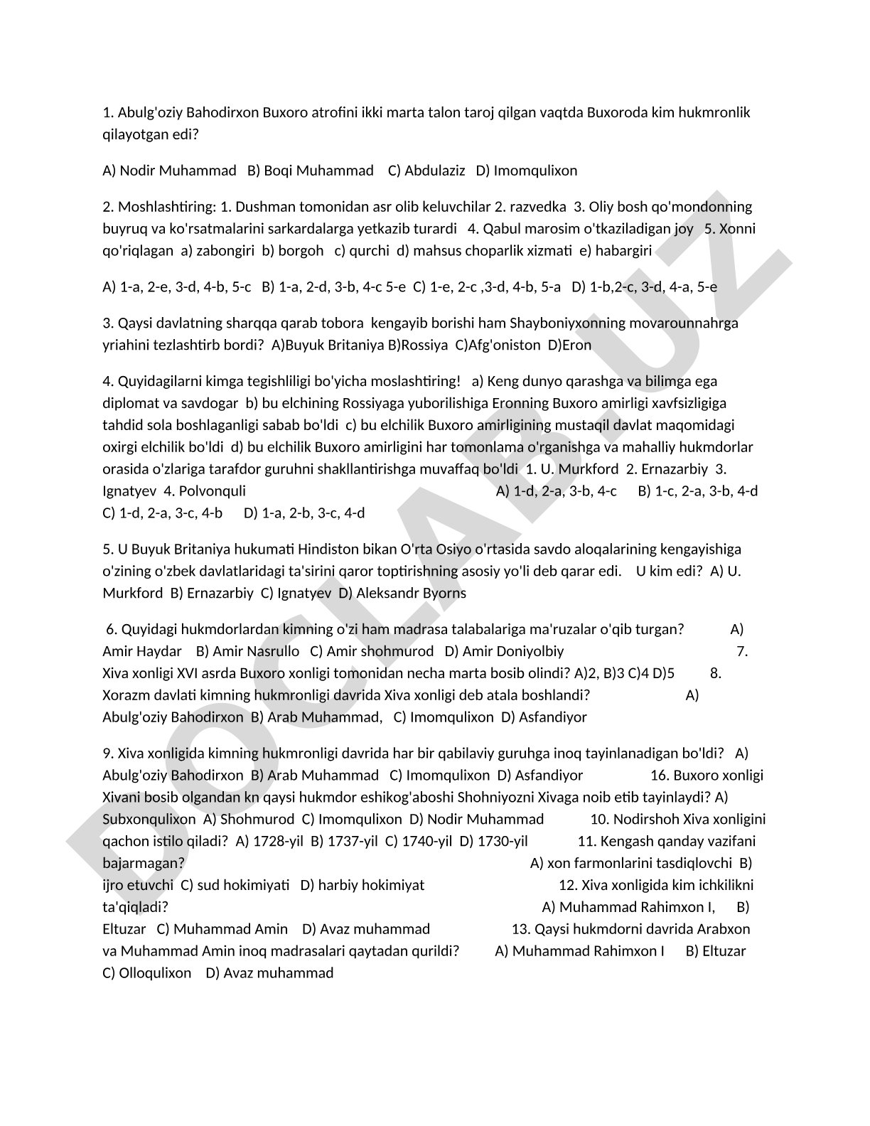 Buxoro xonligi tarixidan test savollari