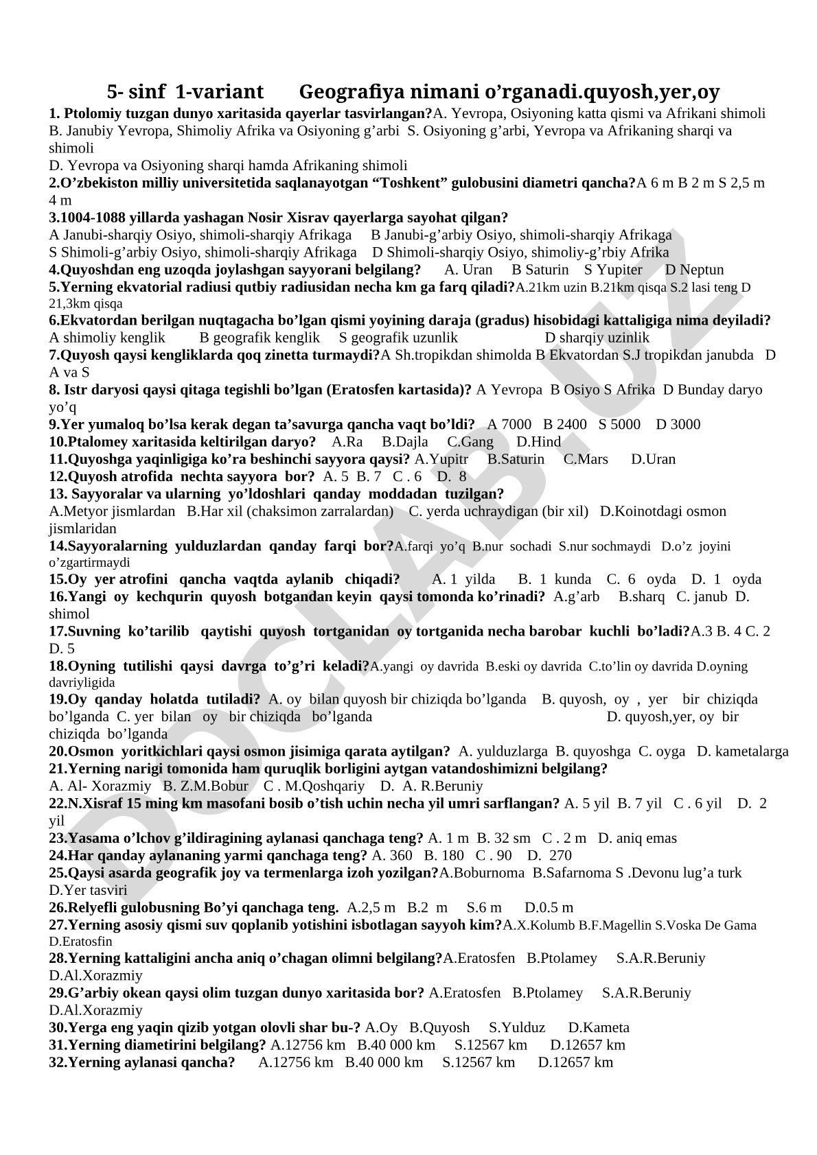 5- sinf 1-variant Geografiya nimani o’rganadi.quyosh,yer,oy