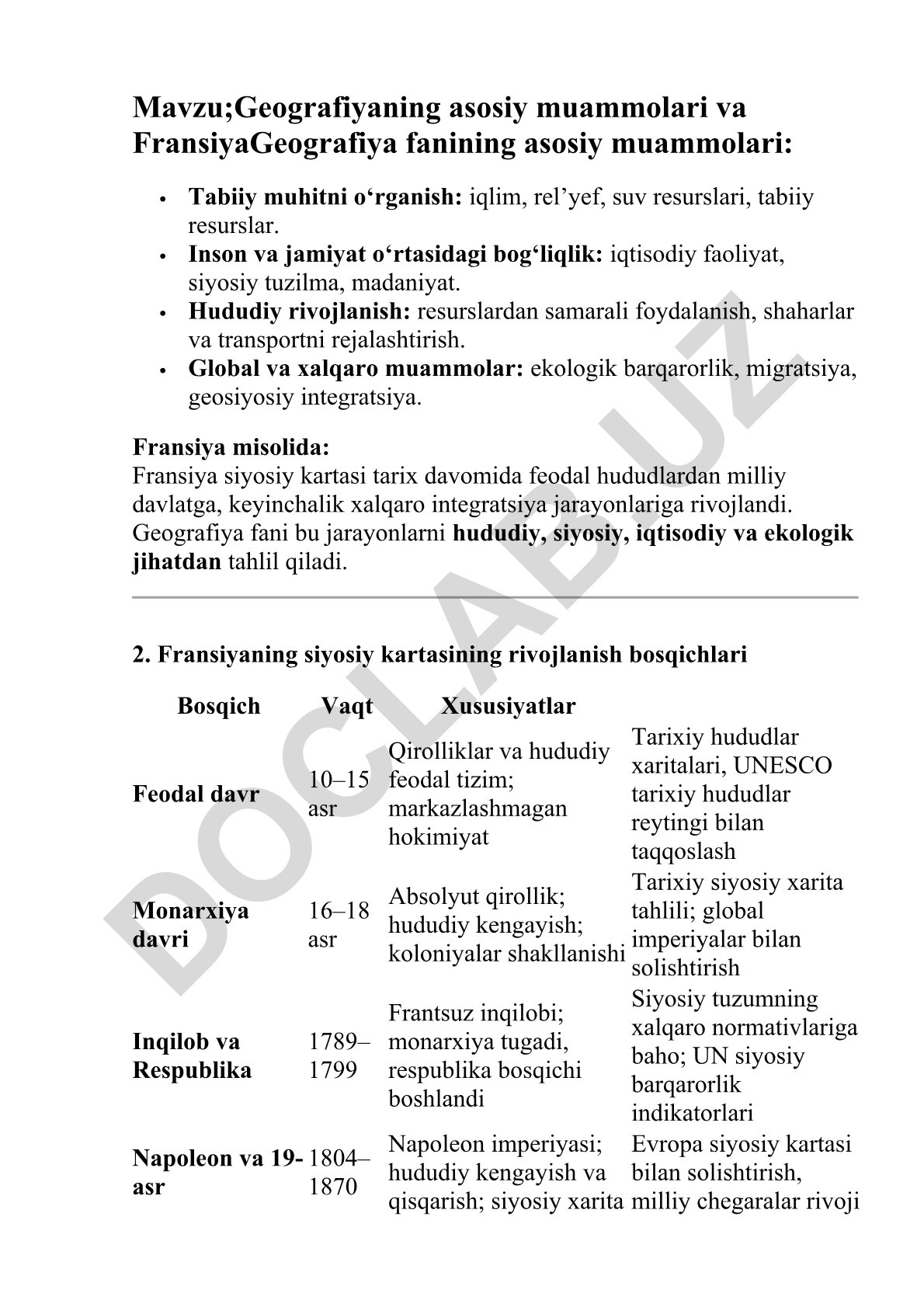 Geografiyaning asosiy muammolari va Fransiya