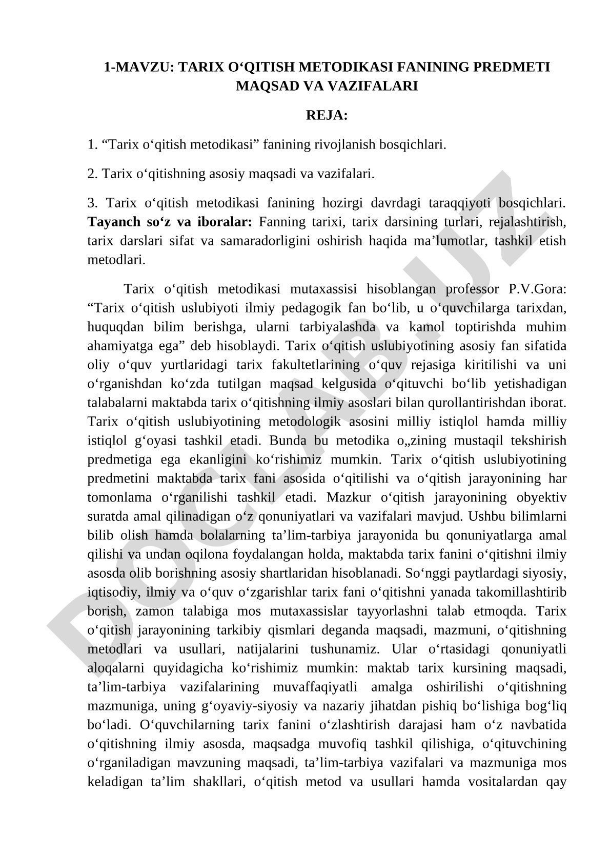 Tarix o'qitish metodikasi fanining predmeti maqsad va vazifalari