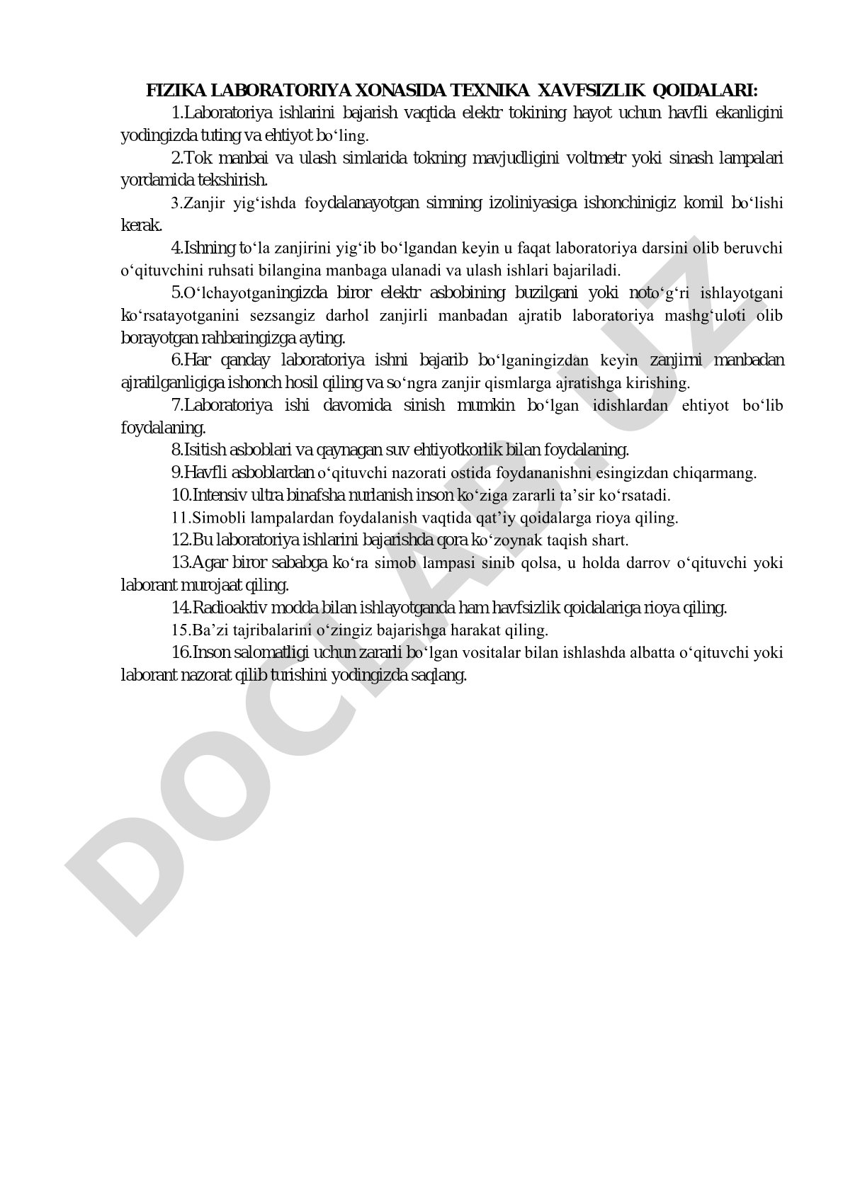 Fizika laboratoriya xonasida texnika xavfsizlik qoidalari