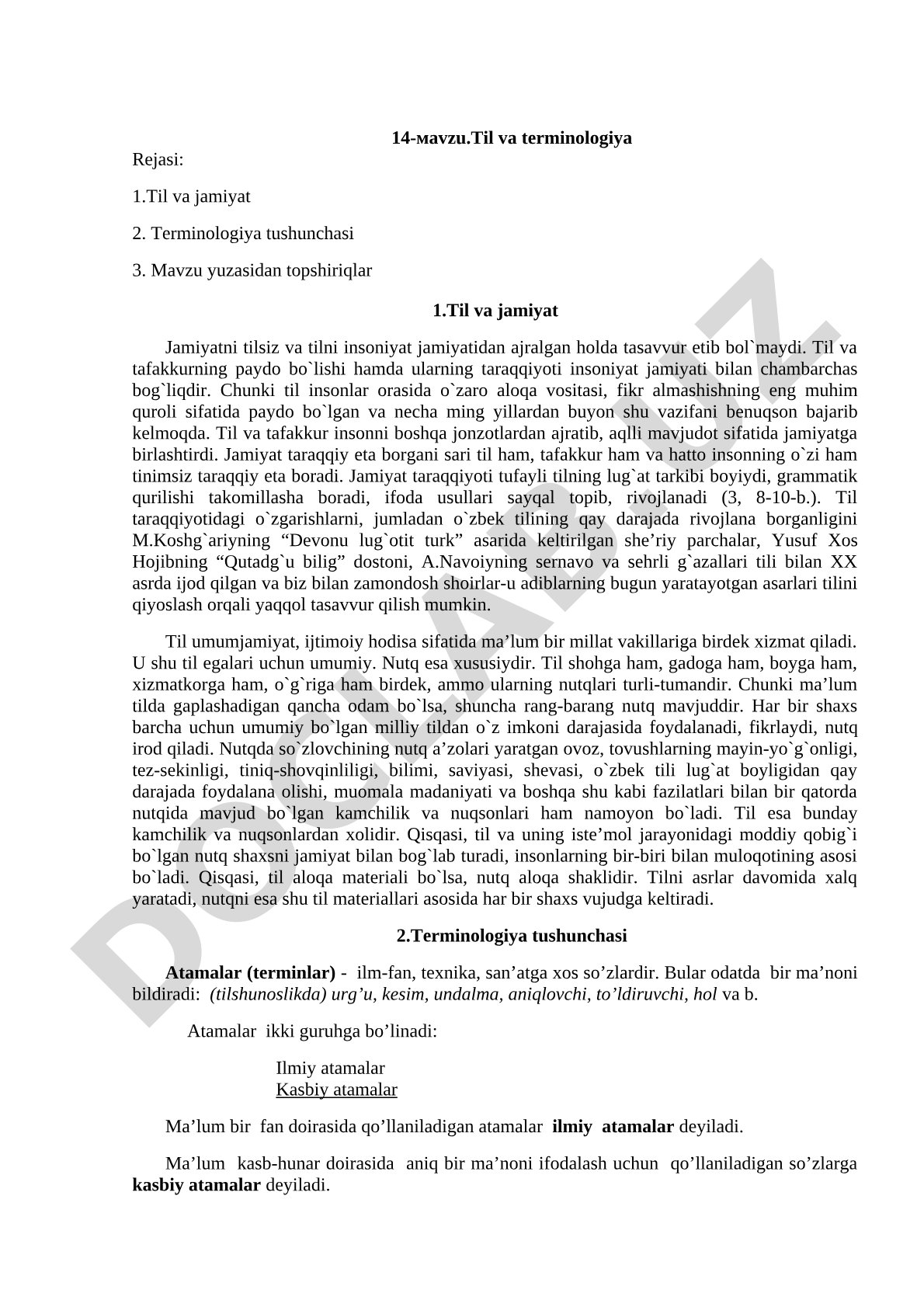 Til va jamiyat, terminologiya tushunchasi va mavzu yuzasidan topshiriqlar