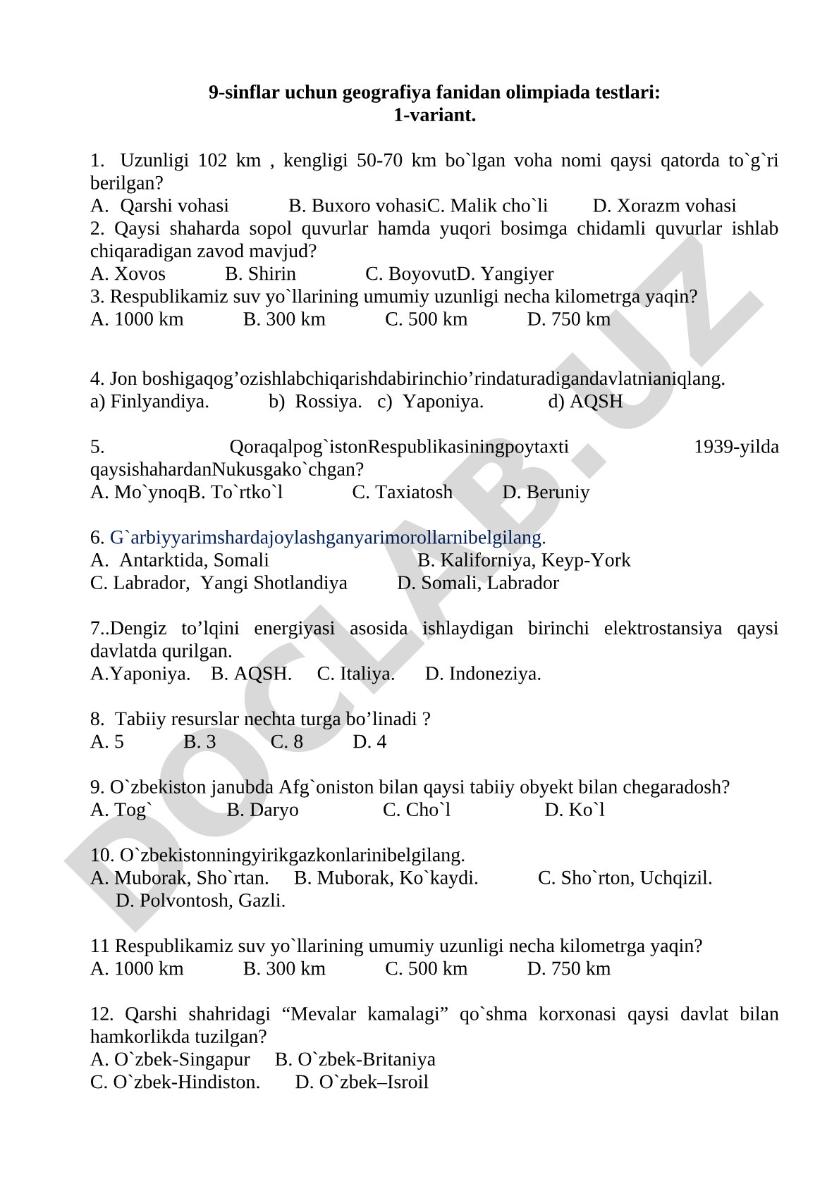 9-sinflar uchun geografiya fanidan olimpiada testlari: 1-variant