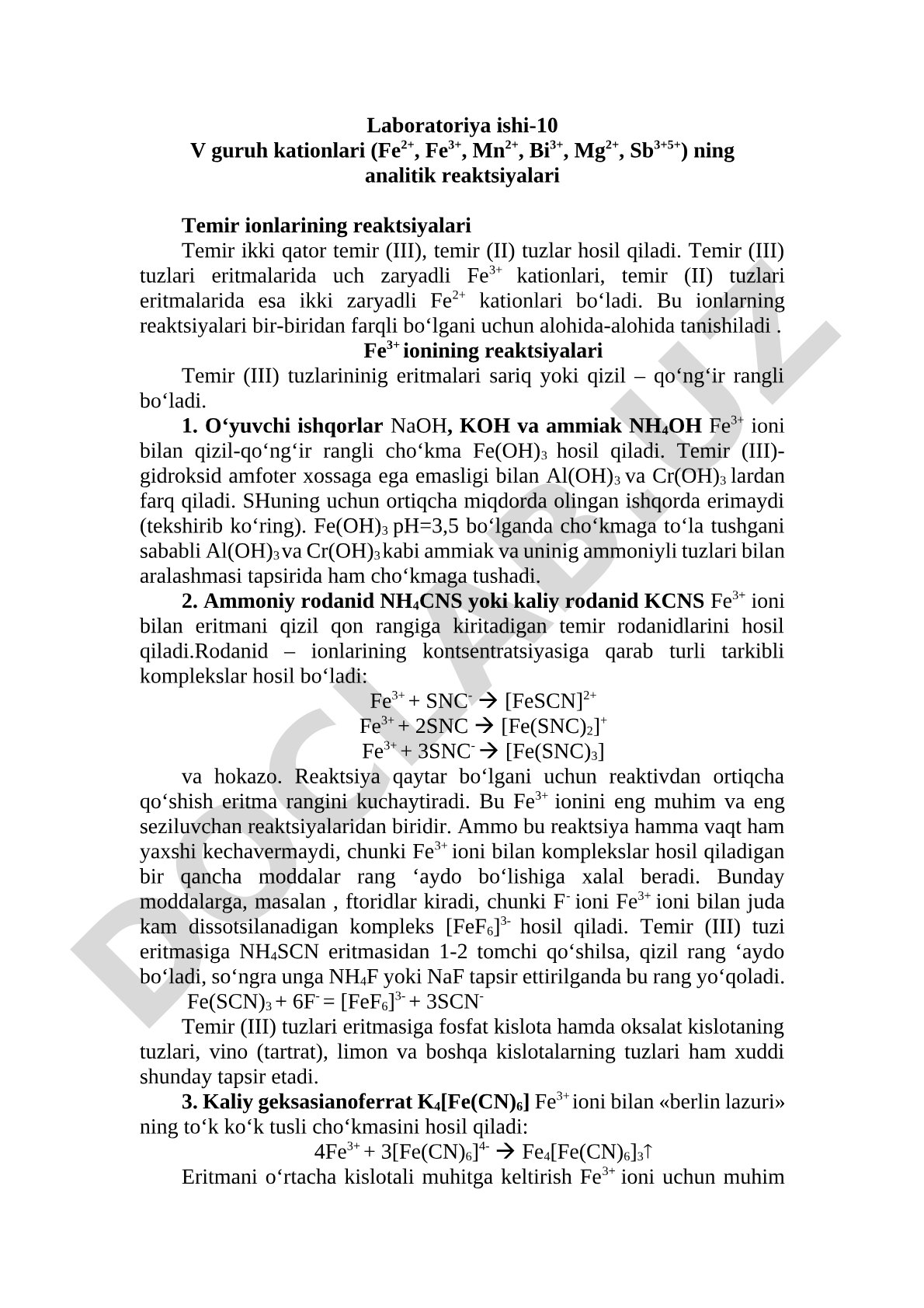 V guruh kationlari (Fe2+, Fe3+, Mn2+, Bi3+, Mg2+, Sb3+) ning analitik reaksiyalari