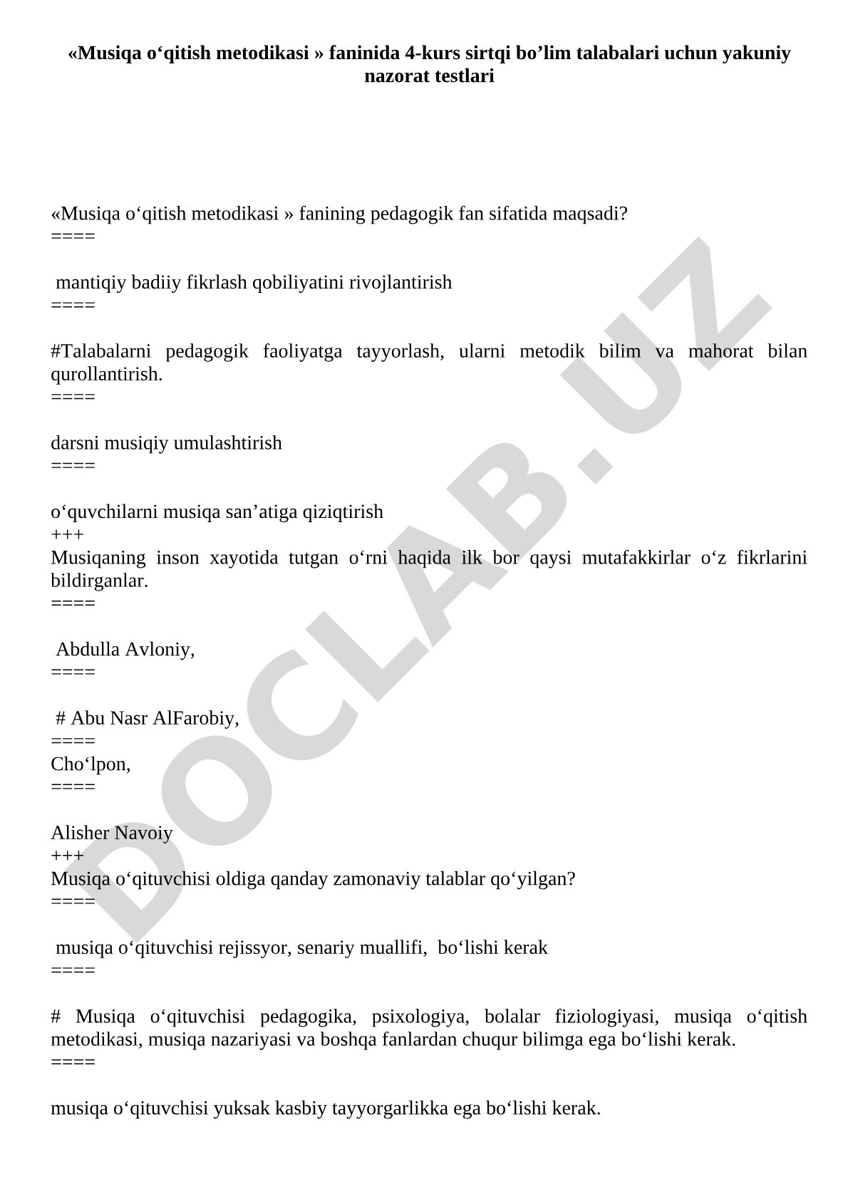 Musiqa o'qitish metodikasi fanidan yakuniy nazorat testlari