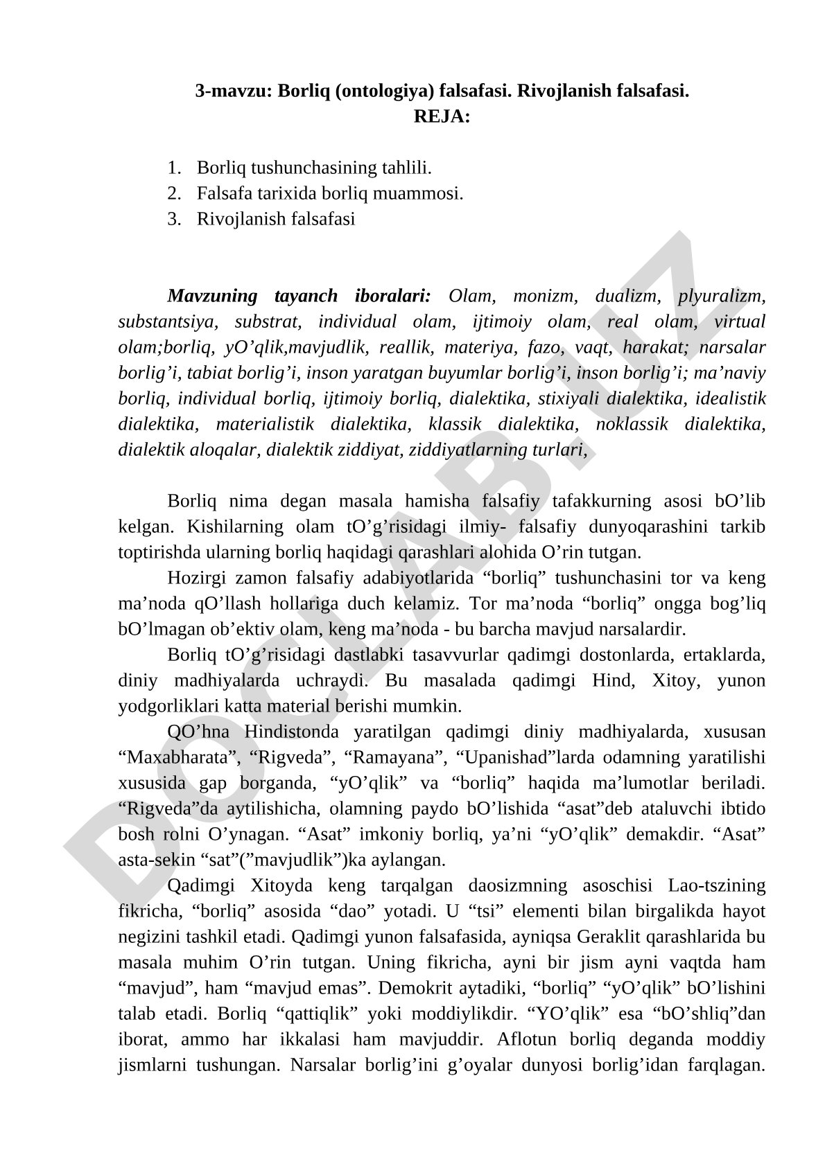 Borliq (ontologiya) falsafasi. Rivojlanish falsafasi.