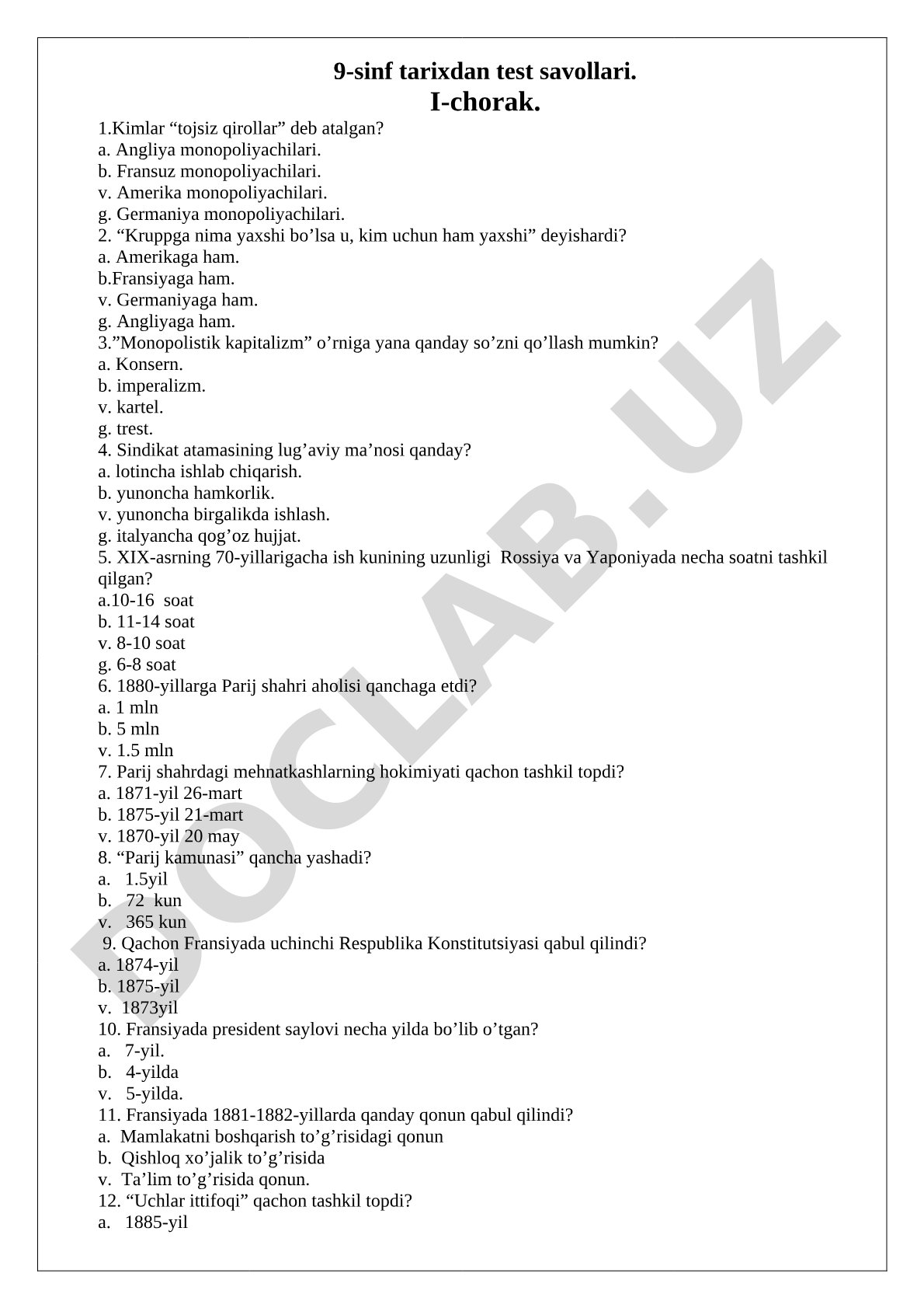 9-sinf tarixdan test savollari (I-chorak)