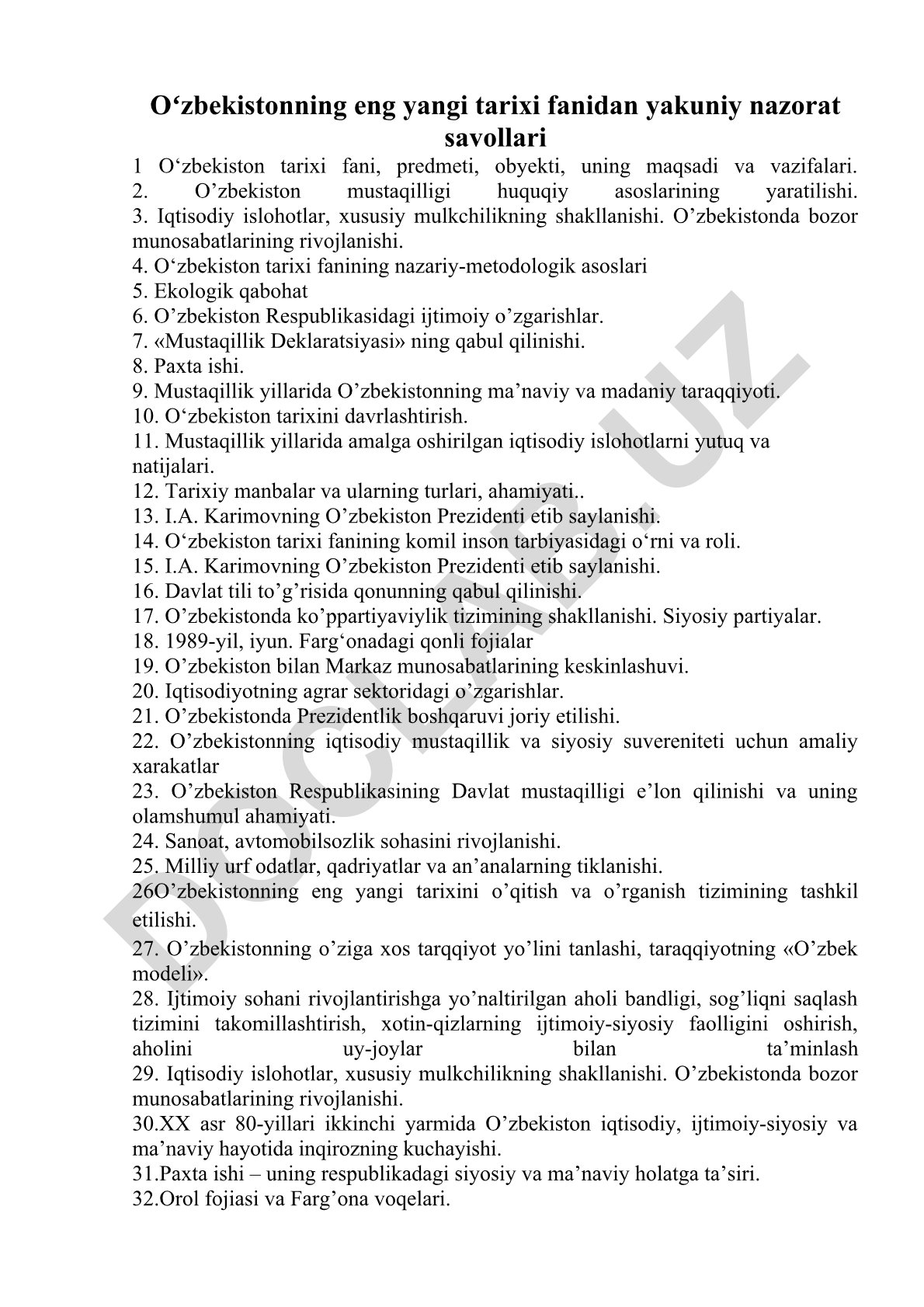Oʻzbekistonning eng yangi tarixi fanidan yakuniy nazorat savollari