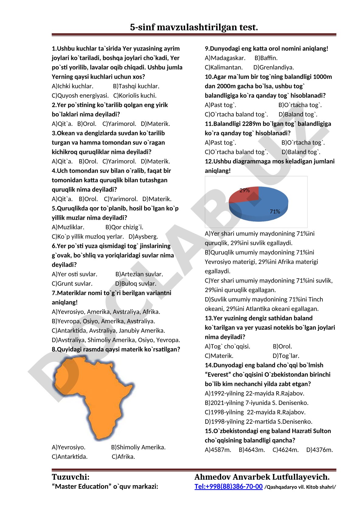 Yer po'sti, quruqlik shakllari va gidrosfera testi