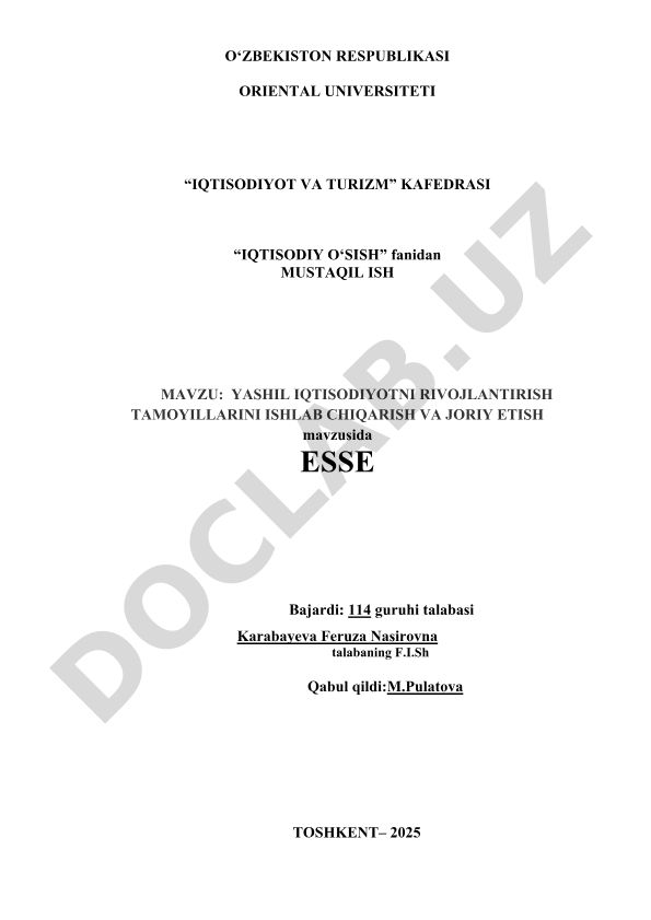 Yashil iqtisodiyotni rivojlantirish tamoyillarini ishlab chiqish va joriy etish