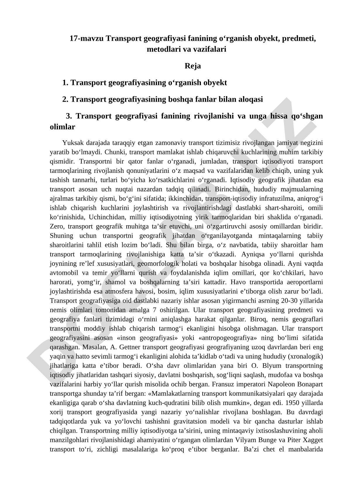 Transport geografiyasi fanining o‘rganish obyekt, predmeti, metodlari va vazifalari